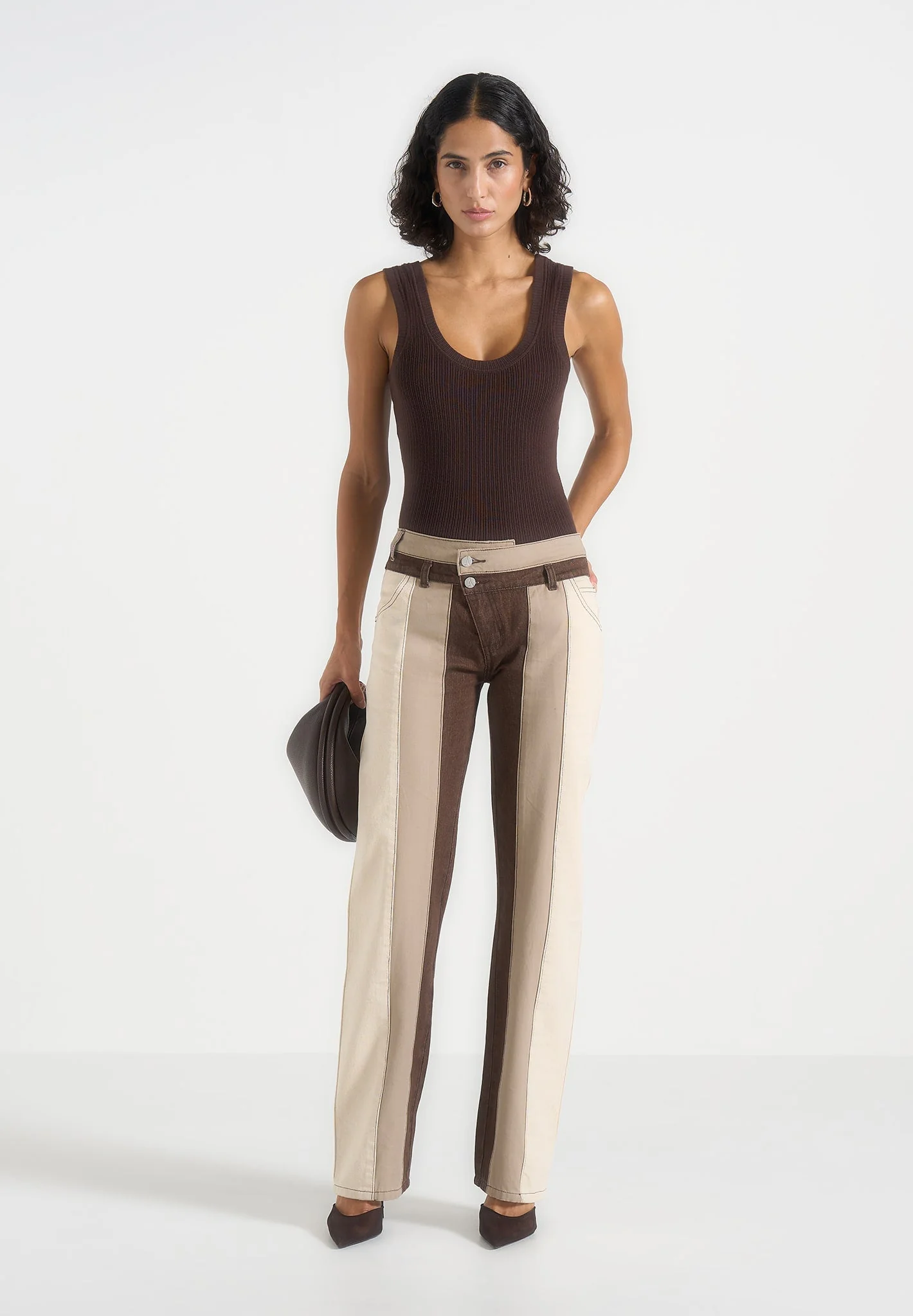 Jacinda - Colour Block Denim Jeans - Beige/Brown - Image 2