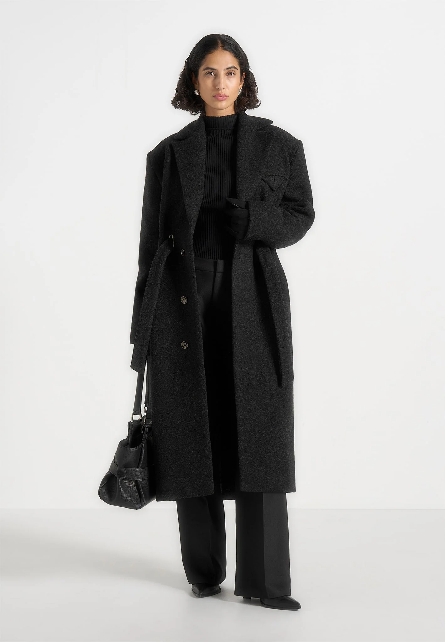 Jena - Wide Shoulder Wool Coat with Cinch Belt - Black - Image 3