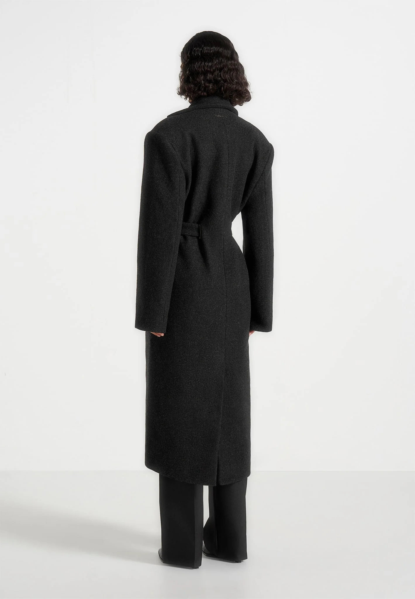 Jena - Wide Shoulder Wool Coat with Cinch Belt - Black - Image 5