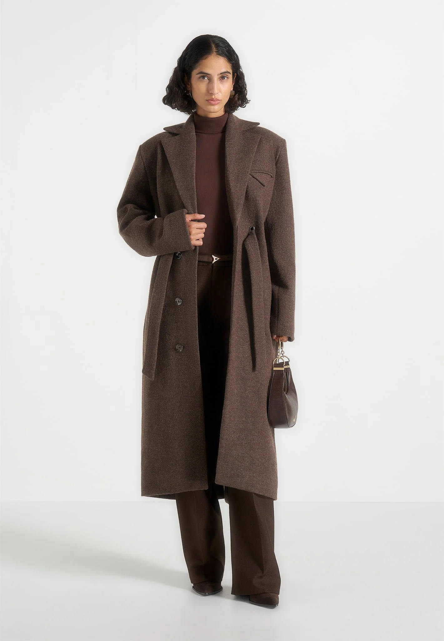 Jena - Wide Shoulder Wool Coat with Cinch Belt - Brown - Image 3