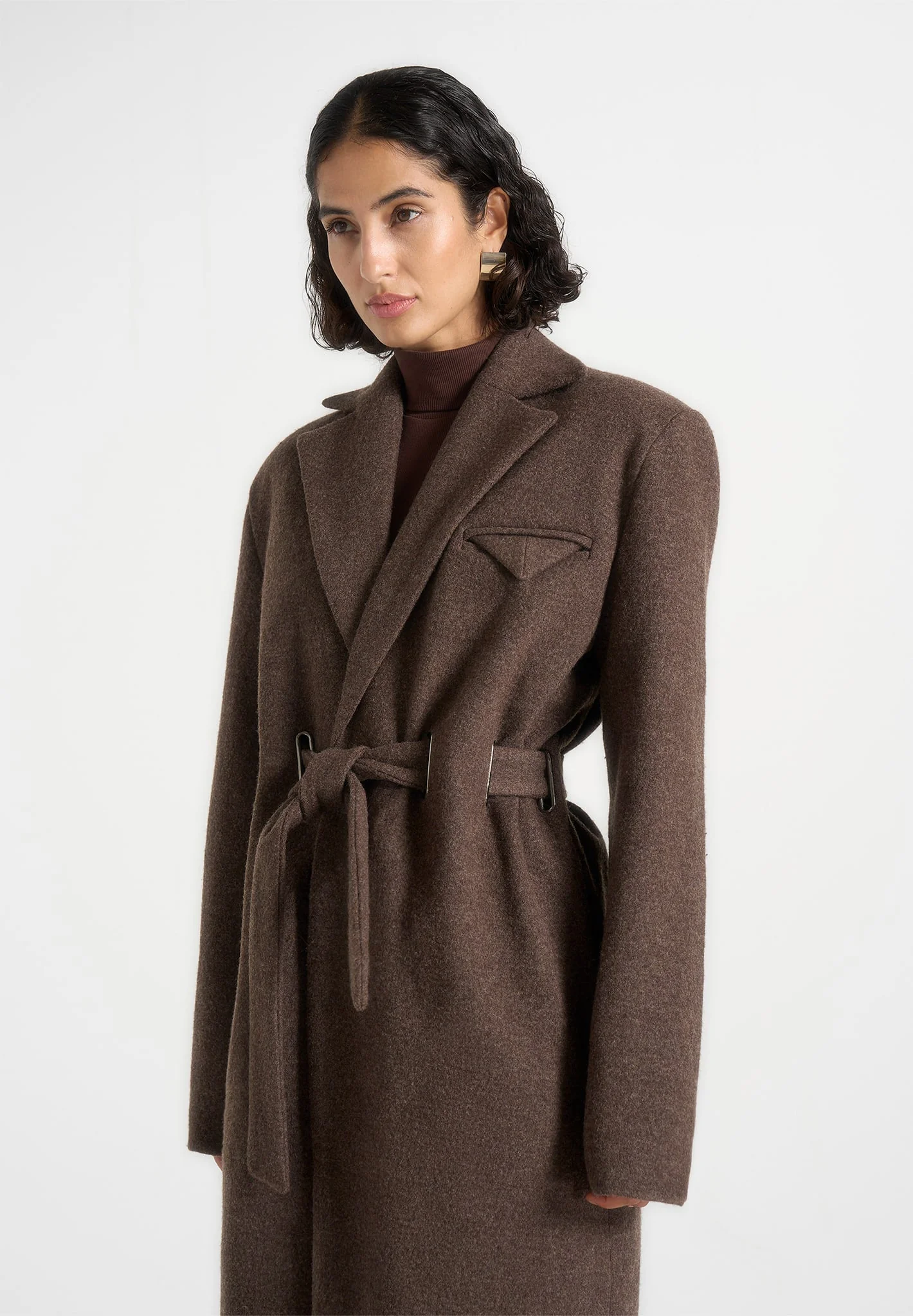 Jena - Wide Shoulder Wool Coat with Cinch Belt - Brown - Image 4