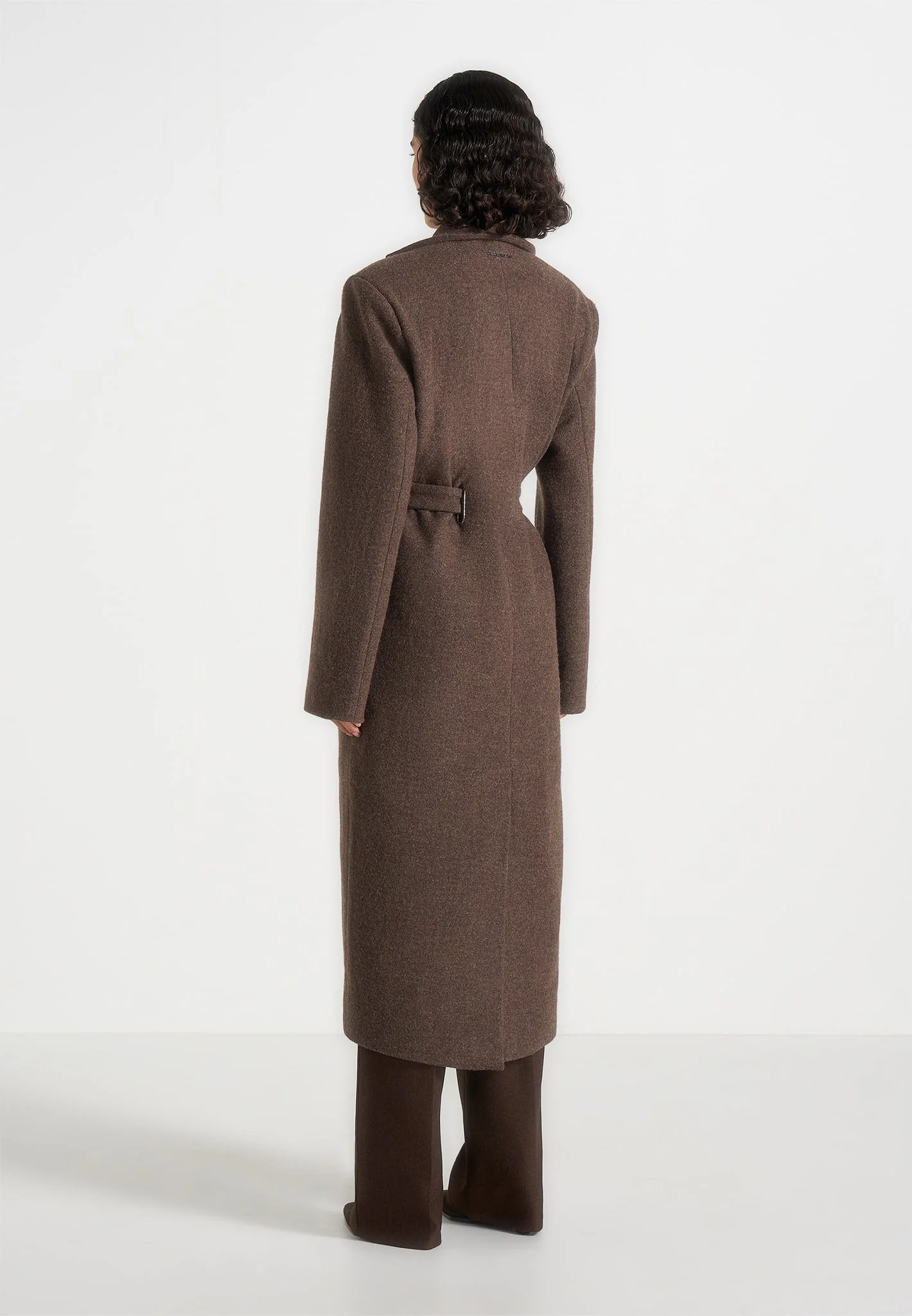 Jena - Wide Shoulder Wool Coat with Cinch Belt - Brown - Image 5