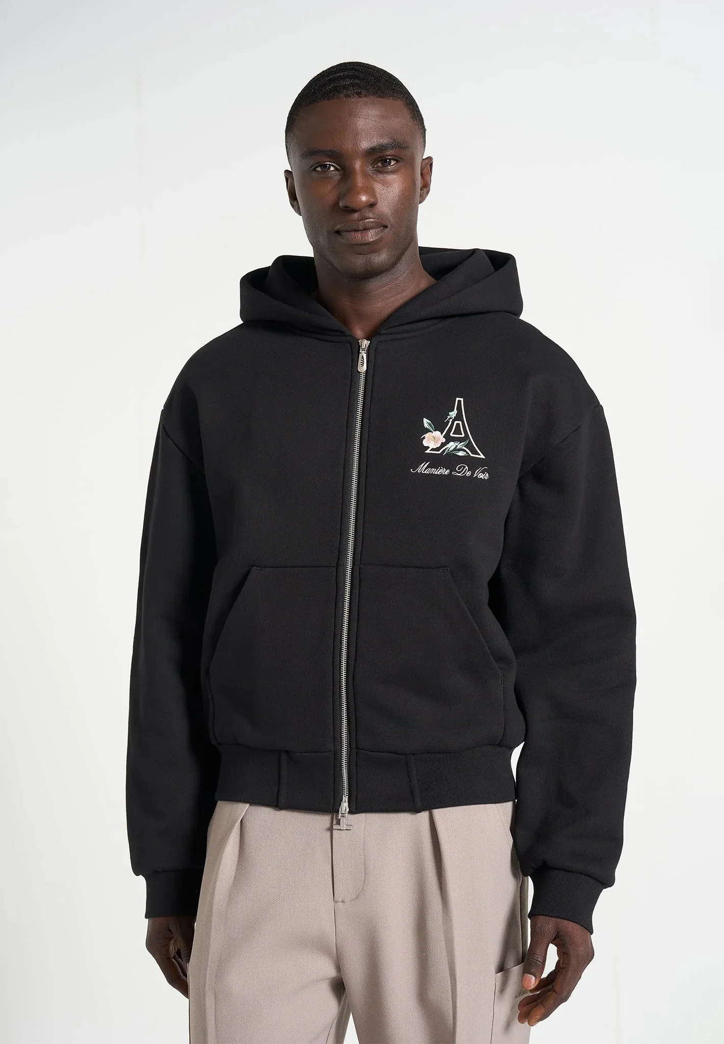 JS009 - Unisex Floral Eiffel Zip Hoodie - Black - Image 2