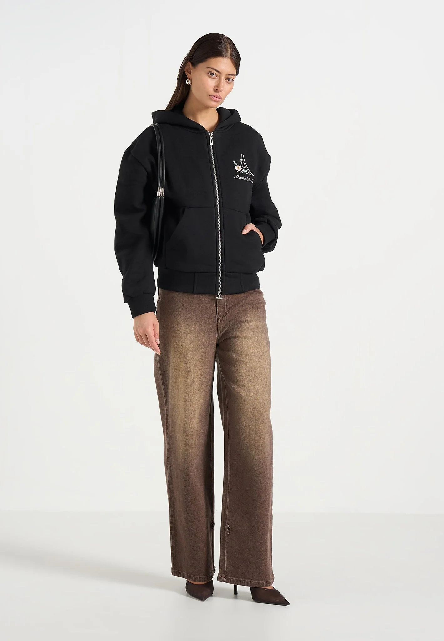 JS009 - Unisex Floral Eiffel Zip Hoodie - Black - Image 3