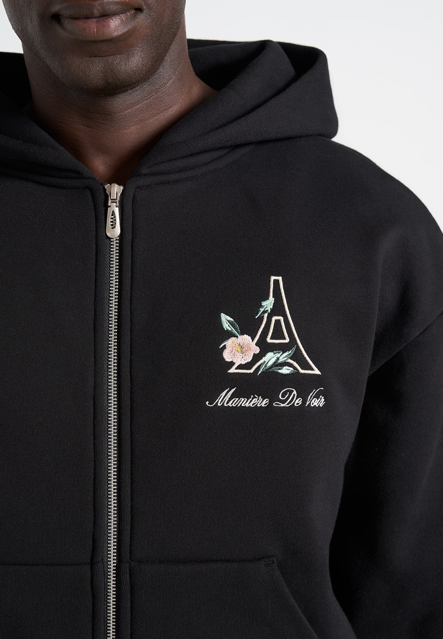 JS009 - Unisex Floral Eiffel Zip Hoodie - Black - Image 5