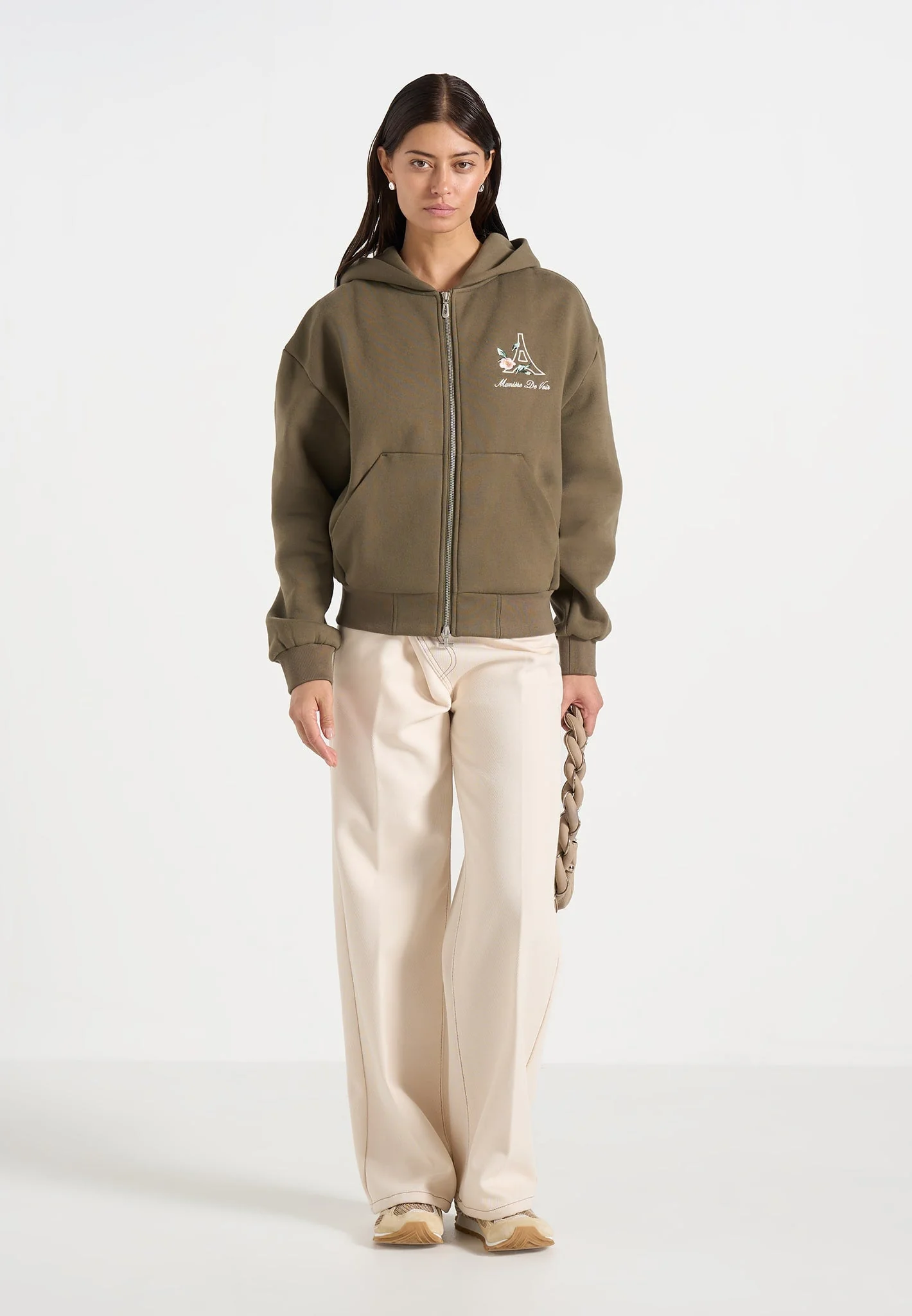 JS009 - Unisex Floral Eiffel Zip Hoodie - Olive