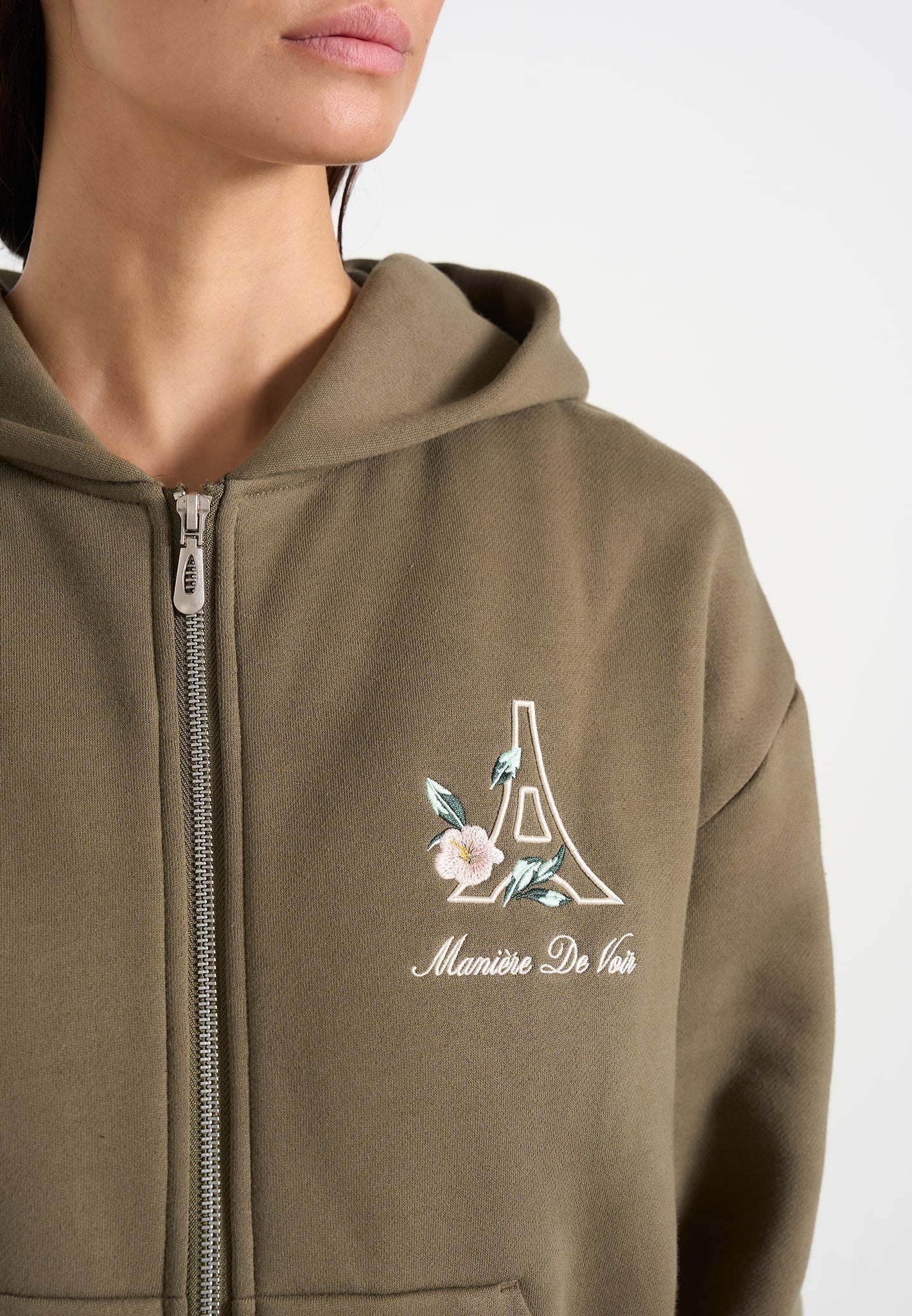 JS009 - Unisex Floral Eiffel Zip Hoodie - Olive - Image 4