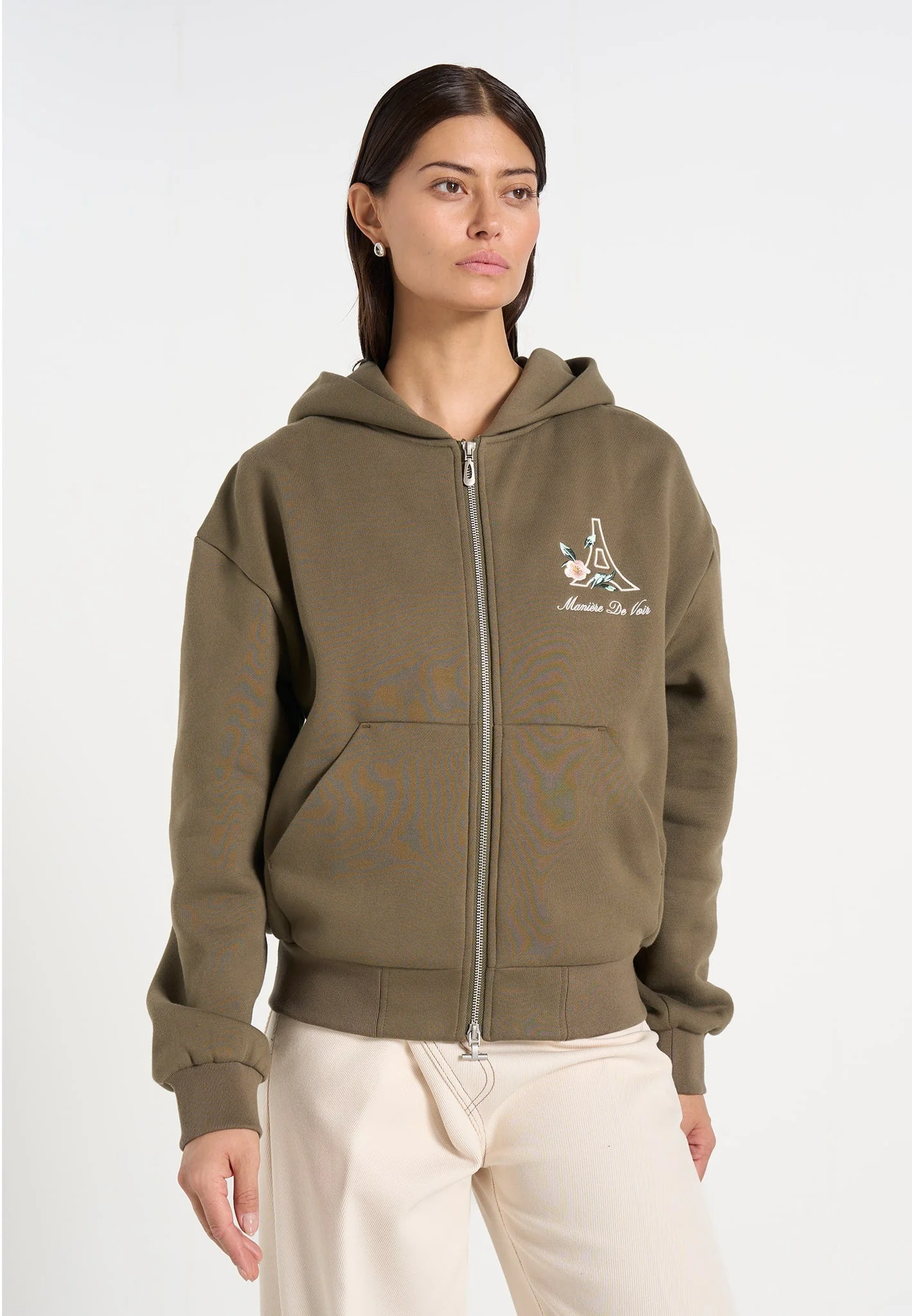 JS009 - Unisex Floral Eiffel Zip Hoodie - Olive - Image 5