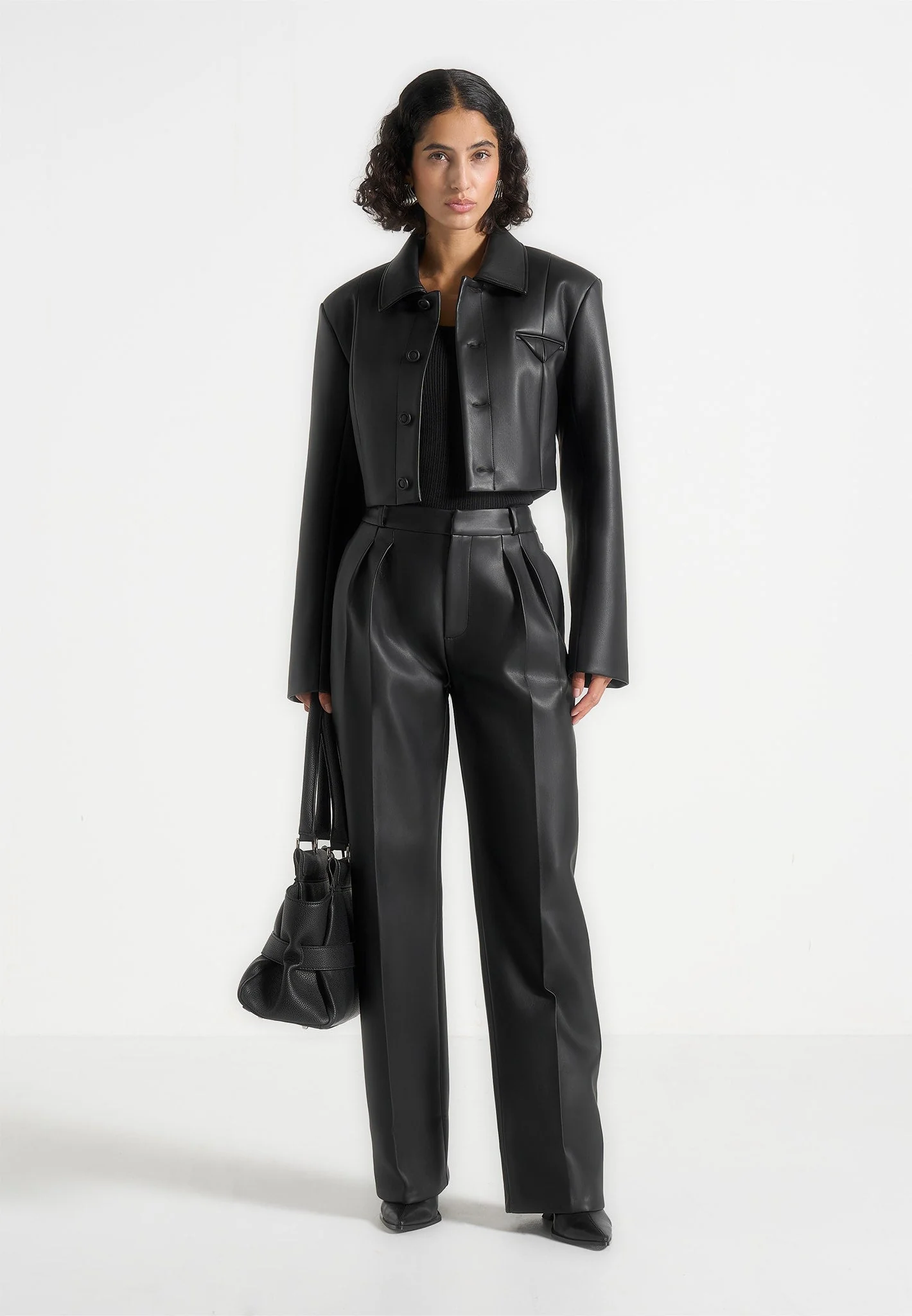Julie - Leather Twin Pleat Trousers - Black - Image 2