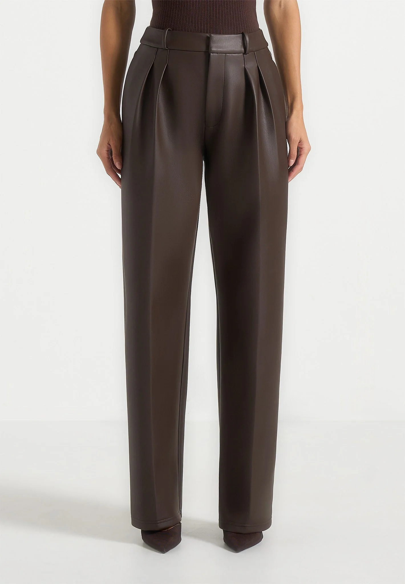 Julie - Leather Twin Pleat Trousers - Brown - Image 3