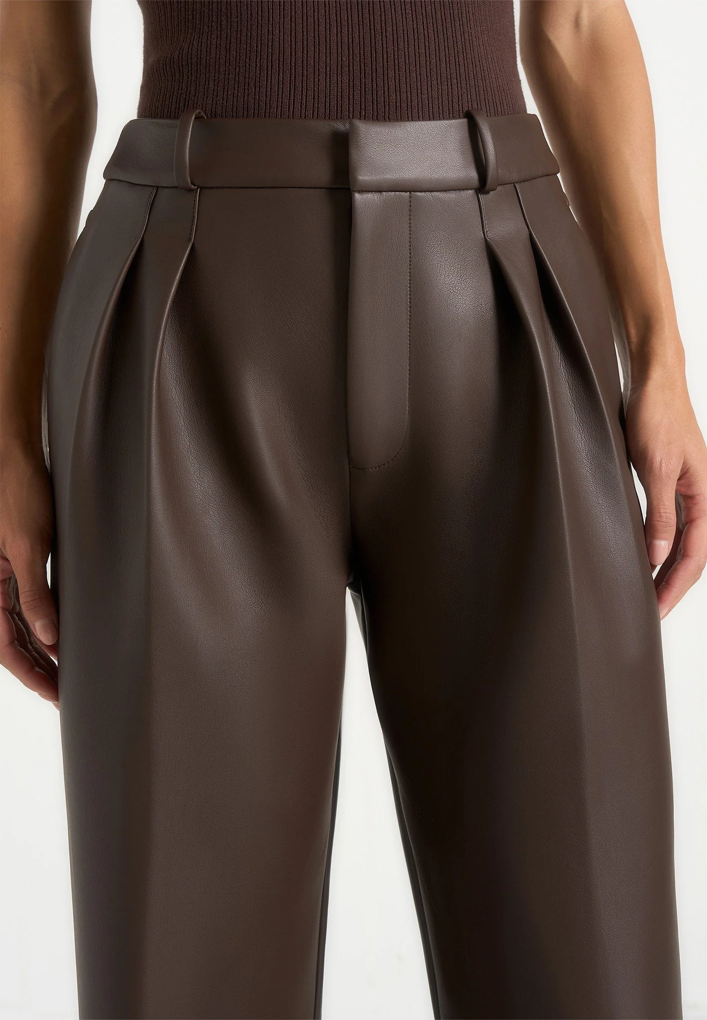 Julie - Leather Twin Pleat Trousers - Brown - Image 4