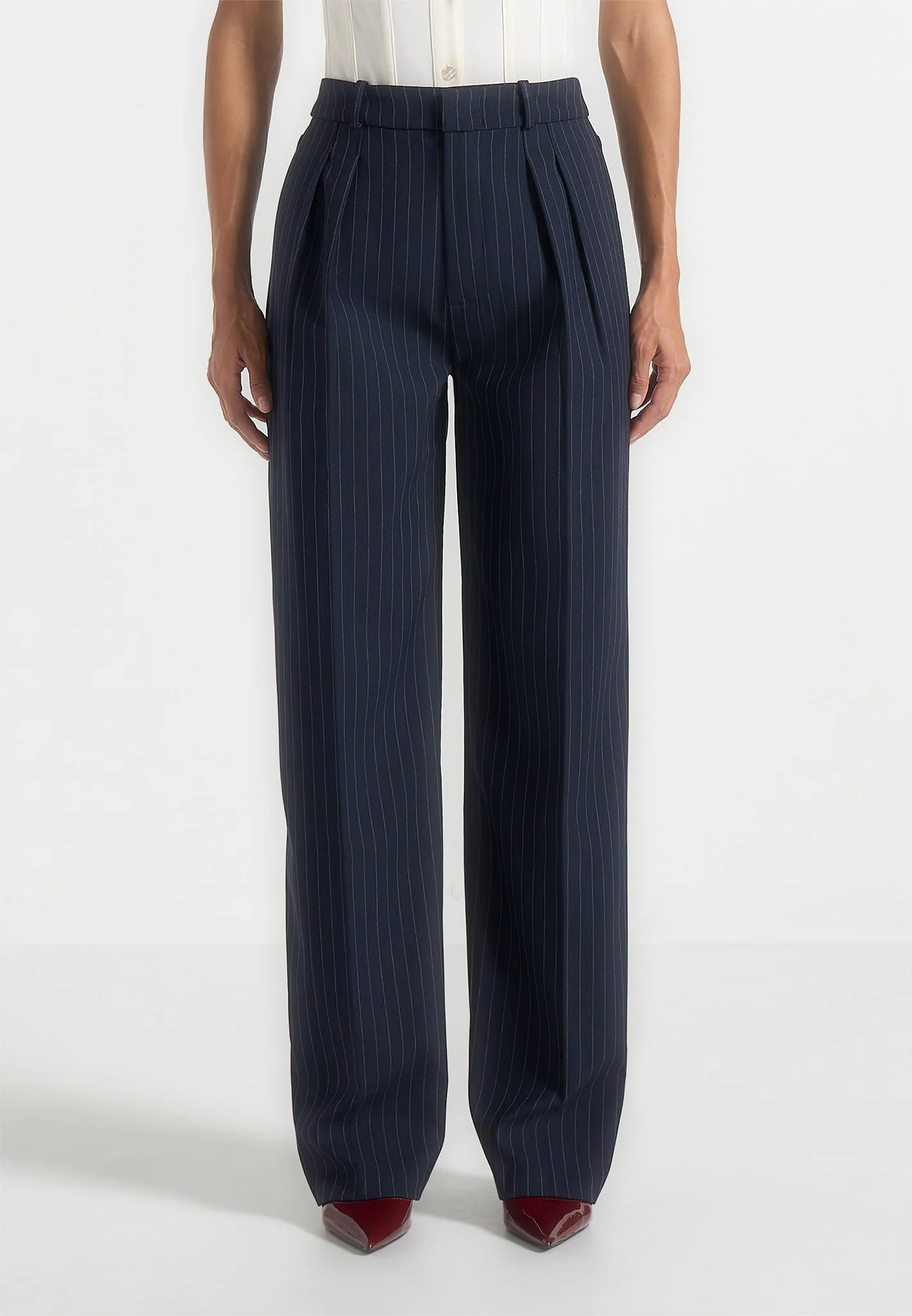 Julie - Pinstripe Twin Pleat Tailored Trousers - Navy - Image 4