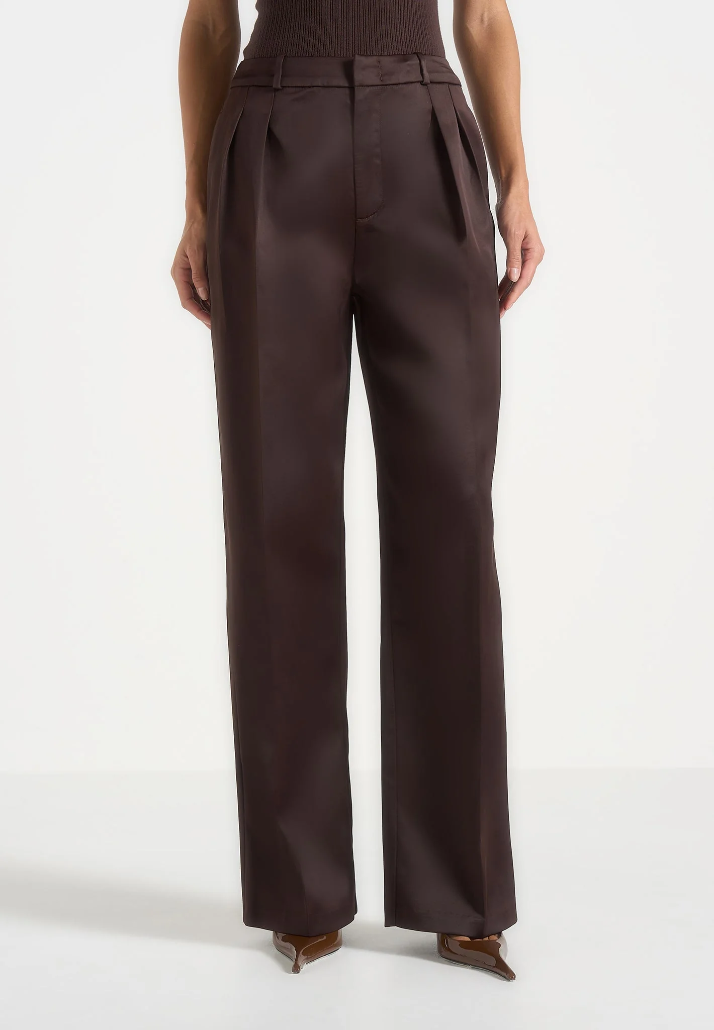 Julie - Satin Twin Pleat Trousers - Brown - Image 2