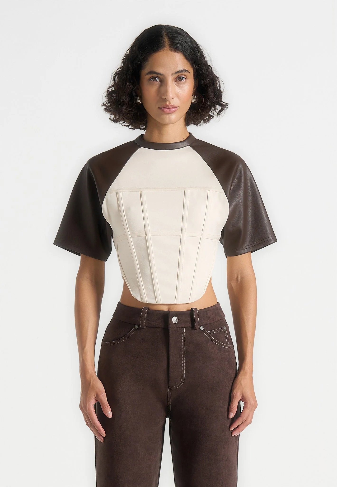 Juline - Leather Corset T-Shirt - Cream/Brown - Image 4