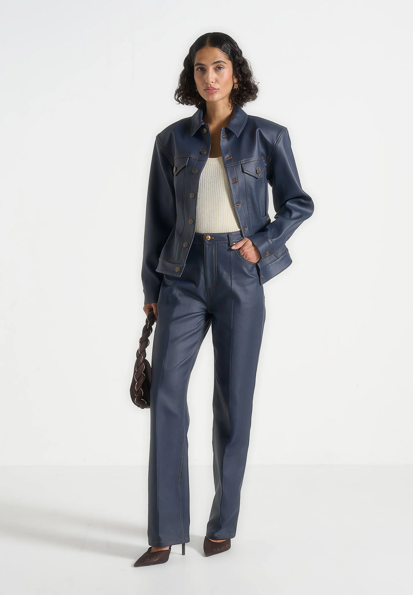 Karla - Wax Effect Cinch Waist Jacket - Indigo - Image 2