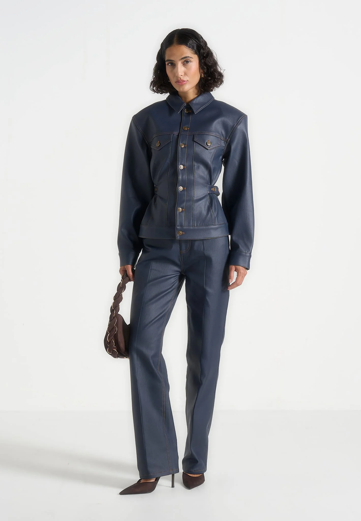 Karla - Wax Effect Cinch Waist Jacket - Indigo - Image 4
