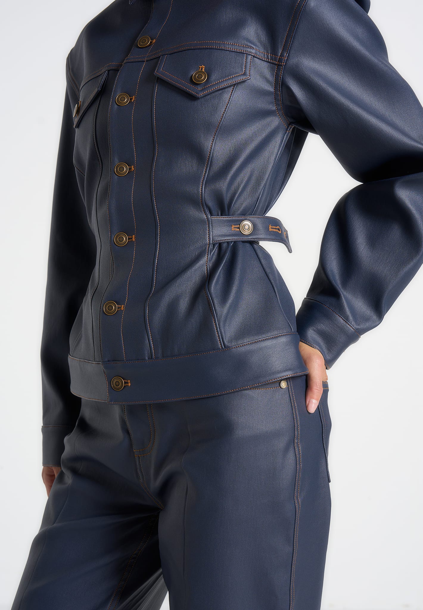 Karla - Wax Effect Cinch Waist Jacket - Indigo - Image 5