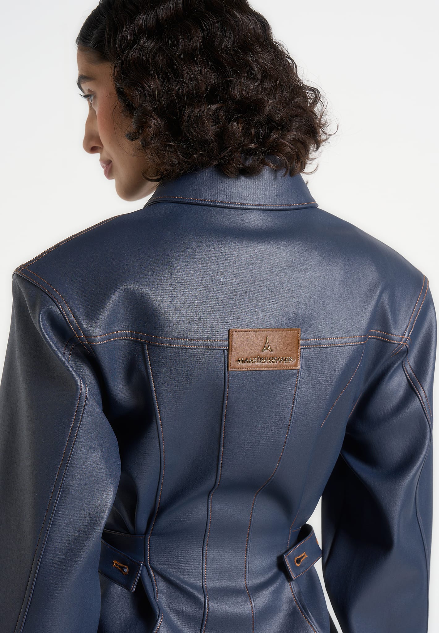 Karla - Wax Effect Cinch Waist Jacket - Indigo - Image 7