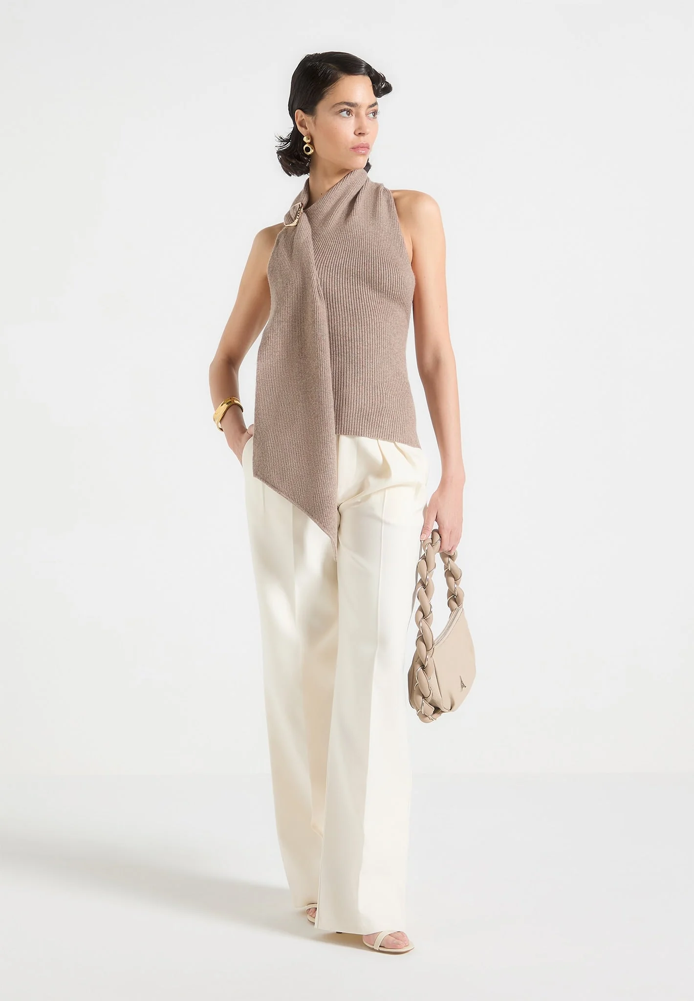 Elodie - Knitted Draped Halterneck Top - Taupe - Image 2