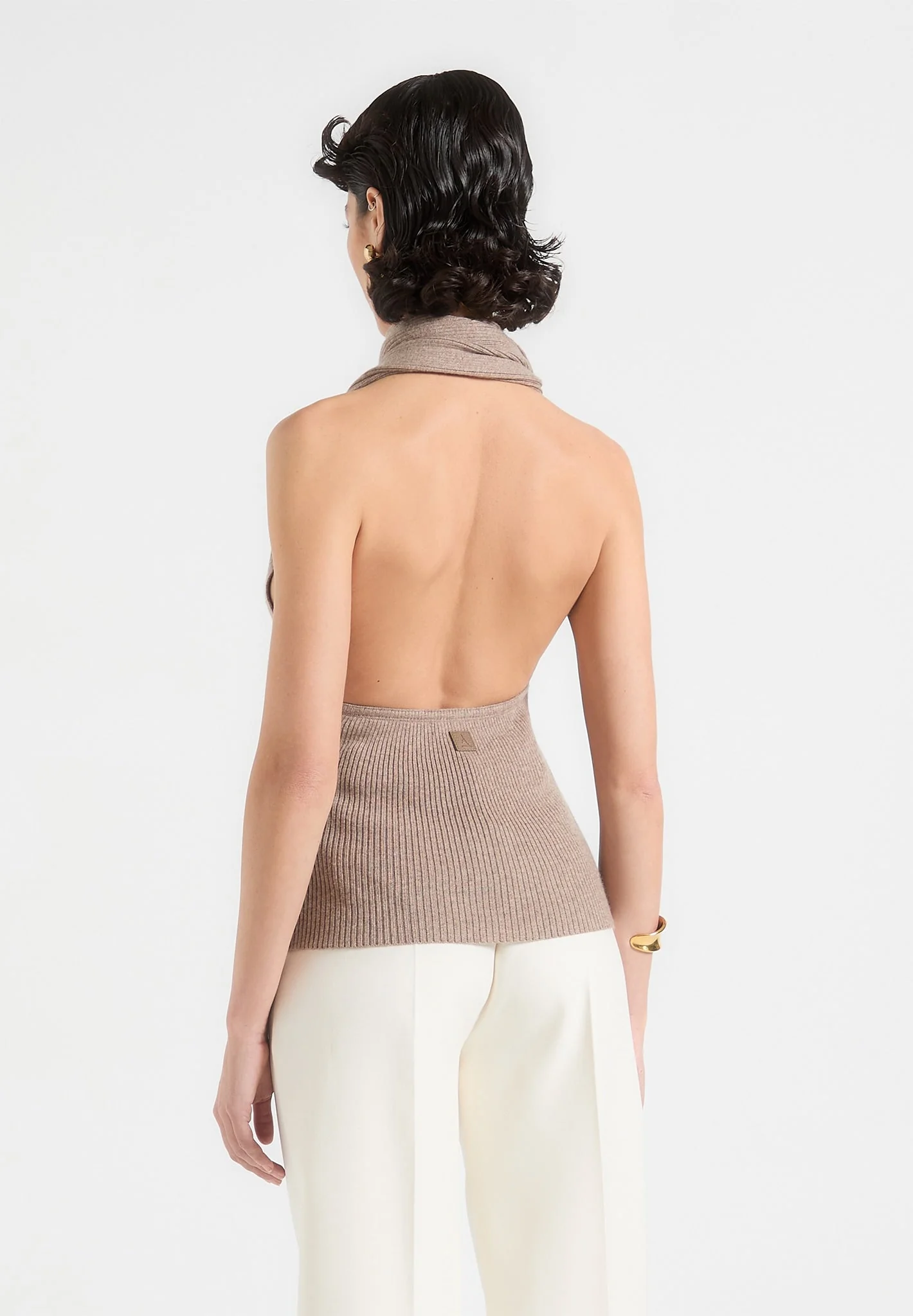 Elodie - Knitted Draped Halterneck Top - Taupe - Image 4
