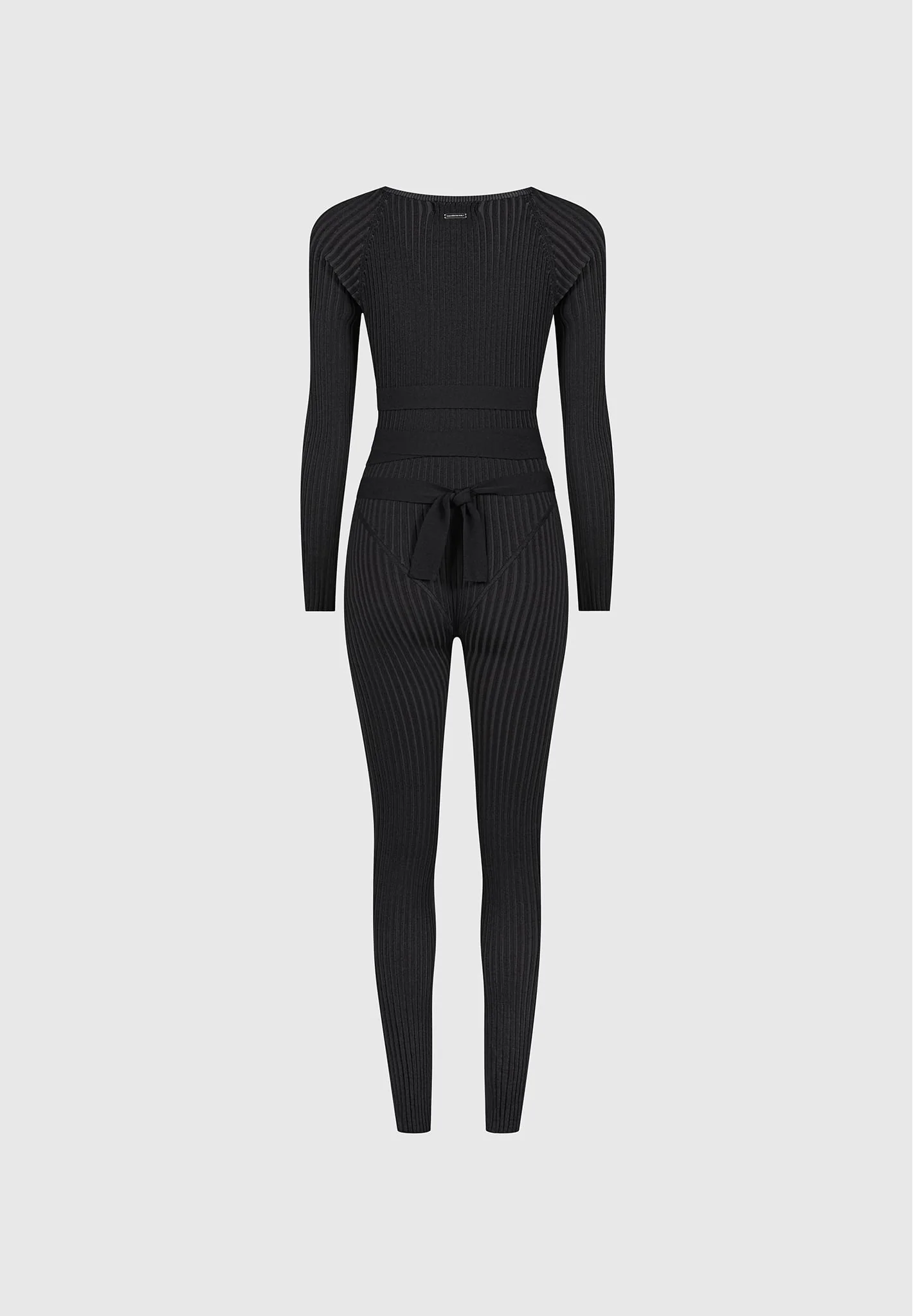 Knitted Two Tone Jumpsuit with Belt - Black - Image 12