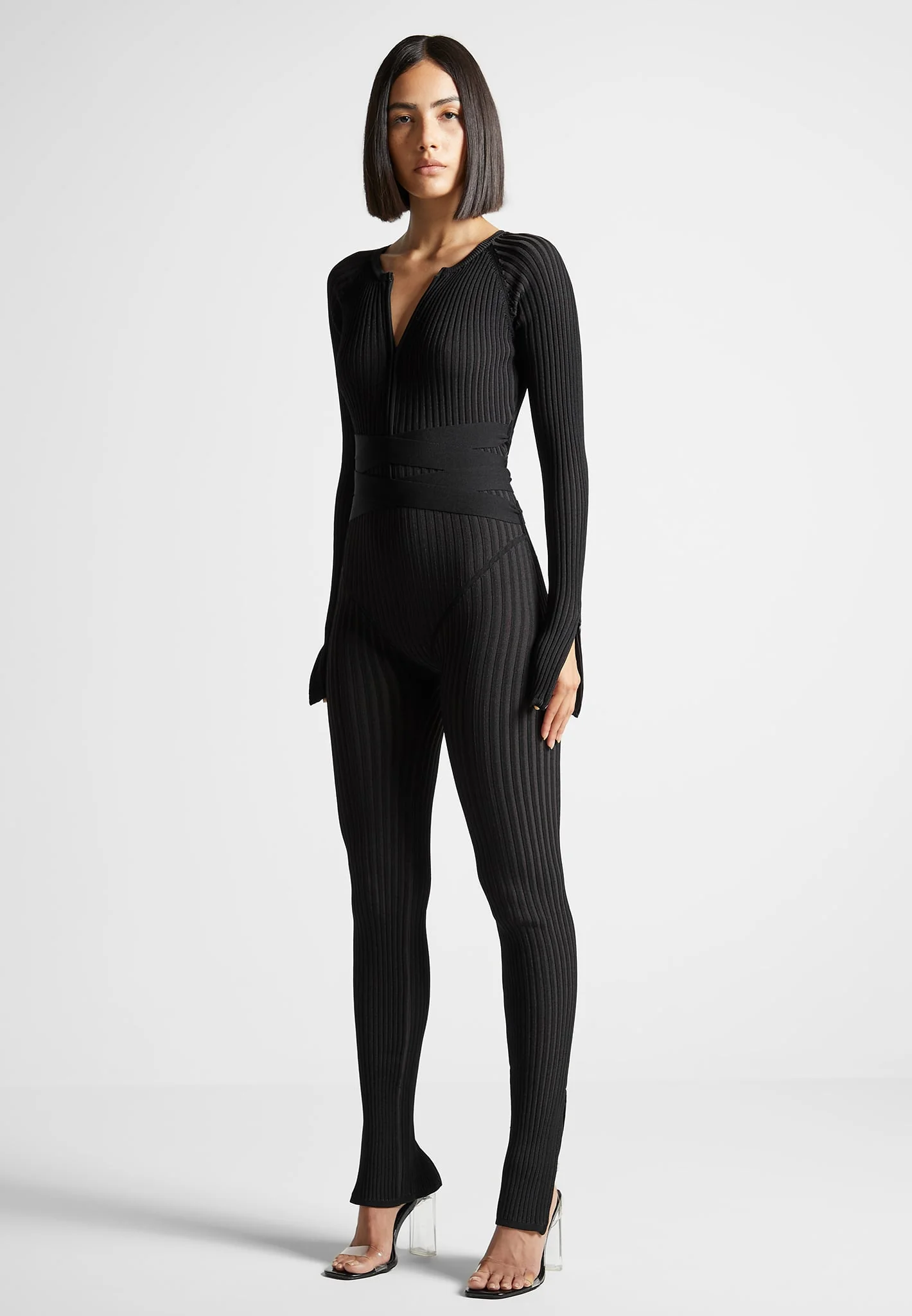 Knitted Two Tone Jumpsuit with Belt - Black - Image 3