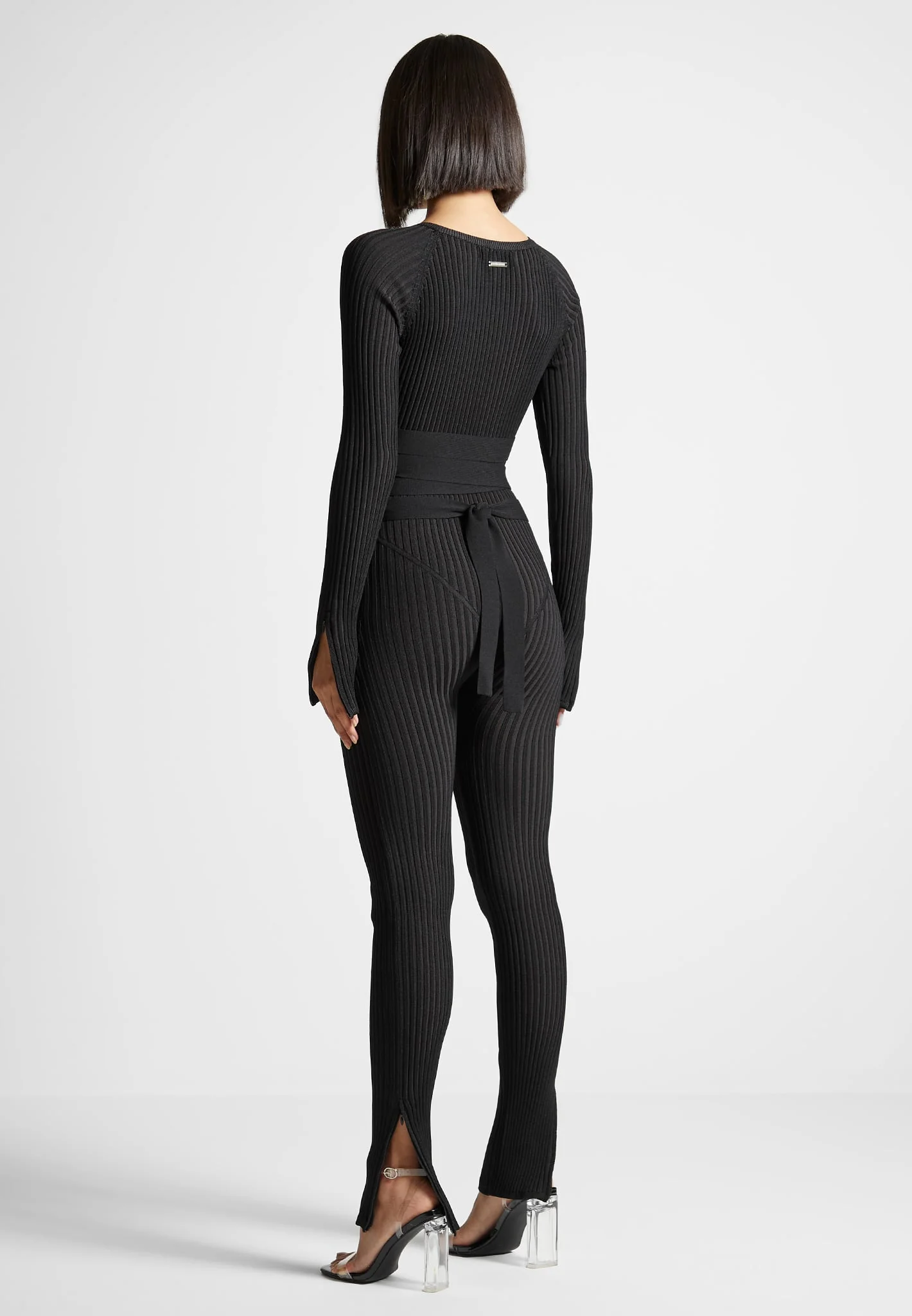 Knitted Two Tone Jumpsuit with Belt - Black - Image 4