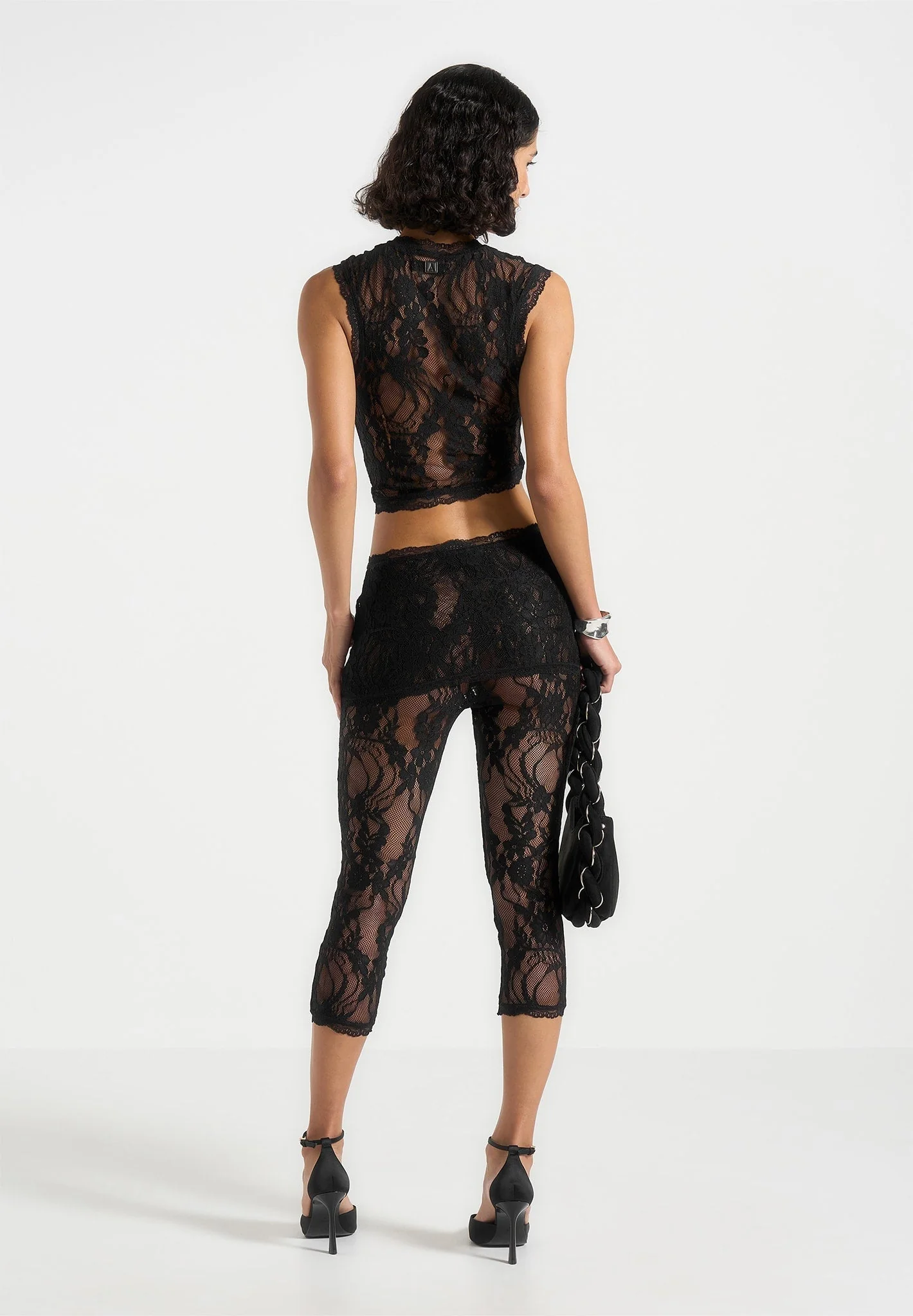 Aimee - Lace Asymmetric Capri Leggings - Black - Image 4