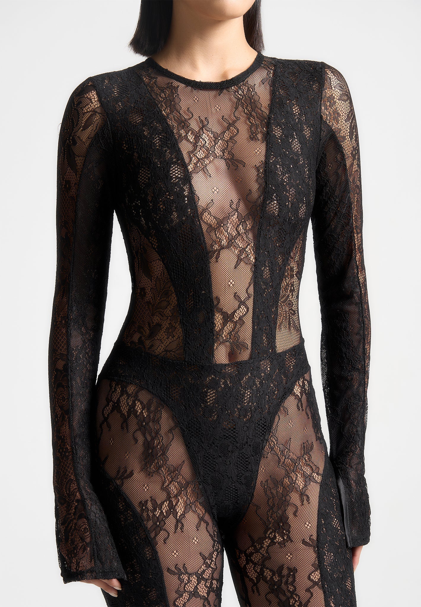 Lace Backless Footsie Jumpsuit with Pearl Detail - Black - Image 3