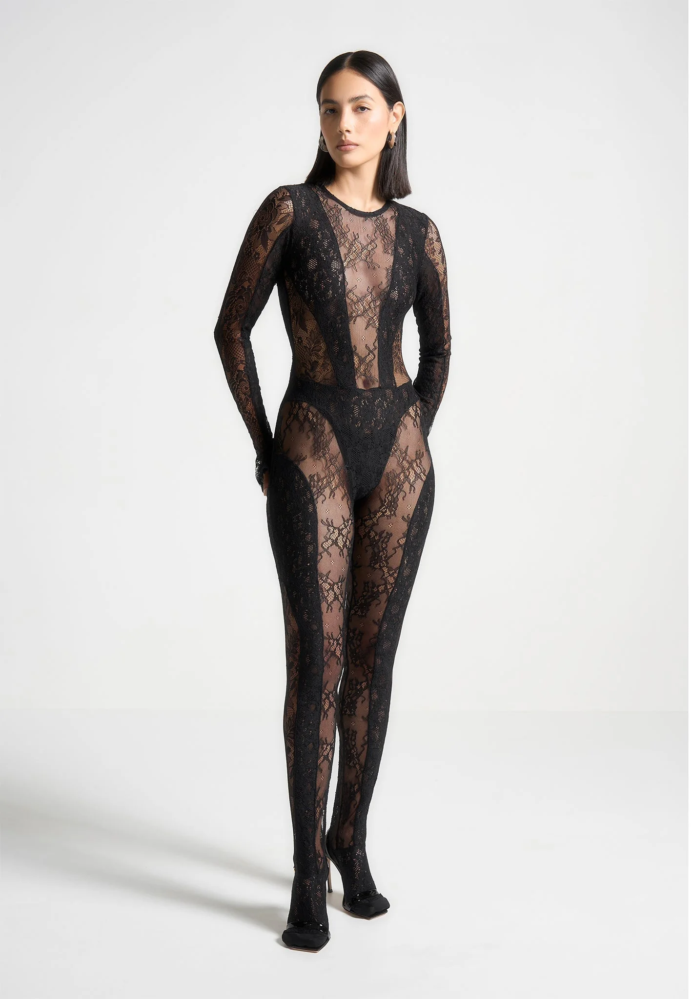 Lace Backless Footsie Jumpsuit with Pearl Detail - Black - Image 4