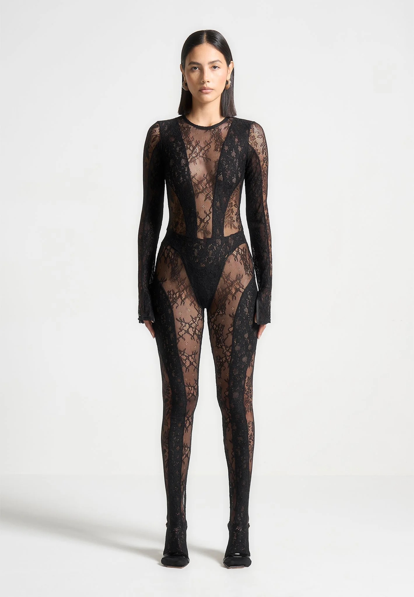 Lace Backless Footsie Jumpsuit with Pearl Detail - Black - Image 6