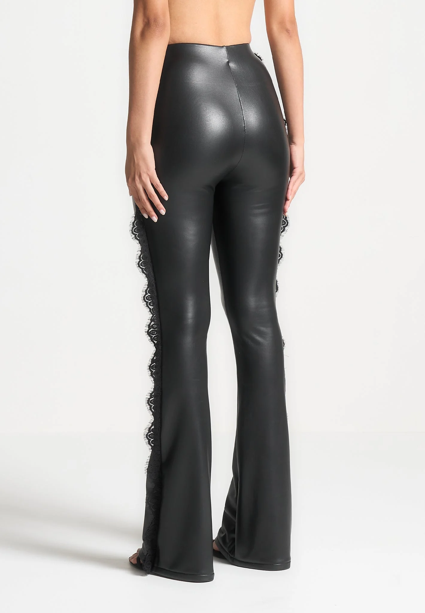 Lace Trim Leather Fit and Flare Leggings - Black - Image 4