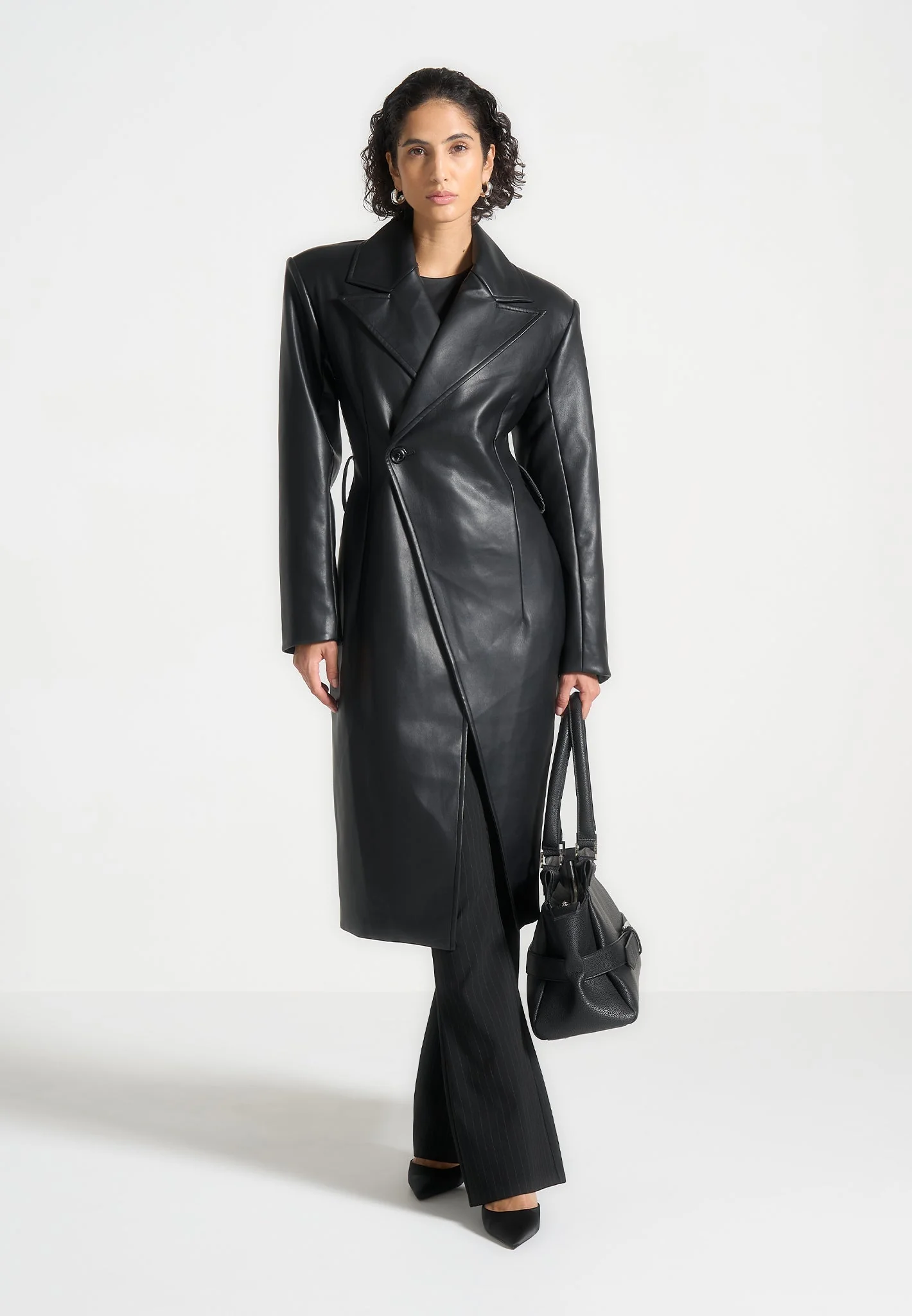 Malya - Leather Asymmetric Belted Coat - Black - Image 3
