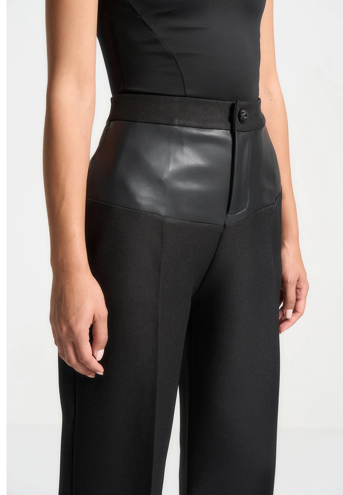 Blanche - Leather Panel Tailored Trousers - Black - Image 3