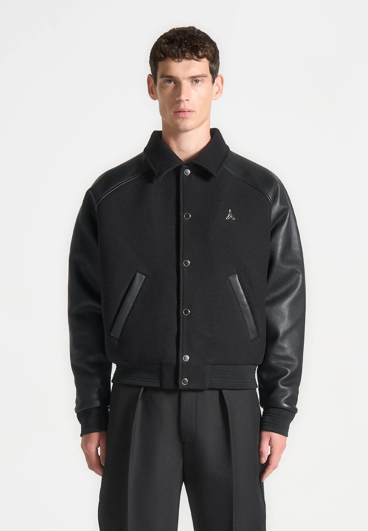 Olivier - Leather Raglan Varsity Jacket - Black - Image 3