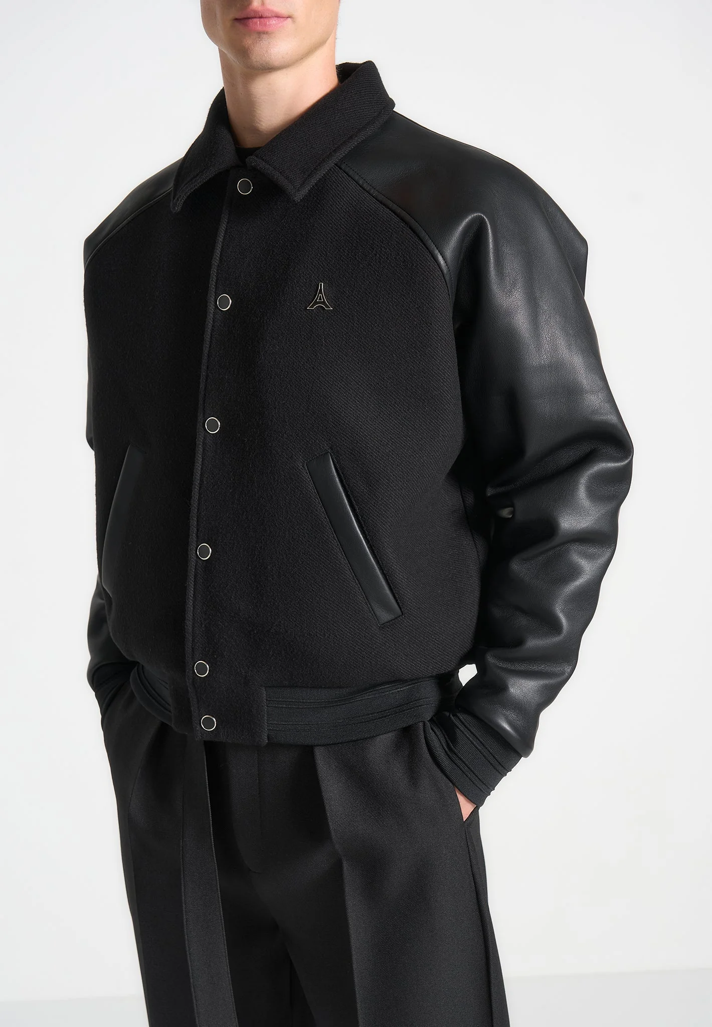 Olivier - Leather Raglan Varsity Jacket - Black - Image 4