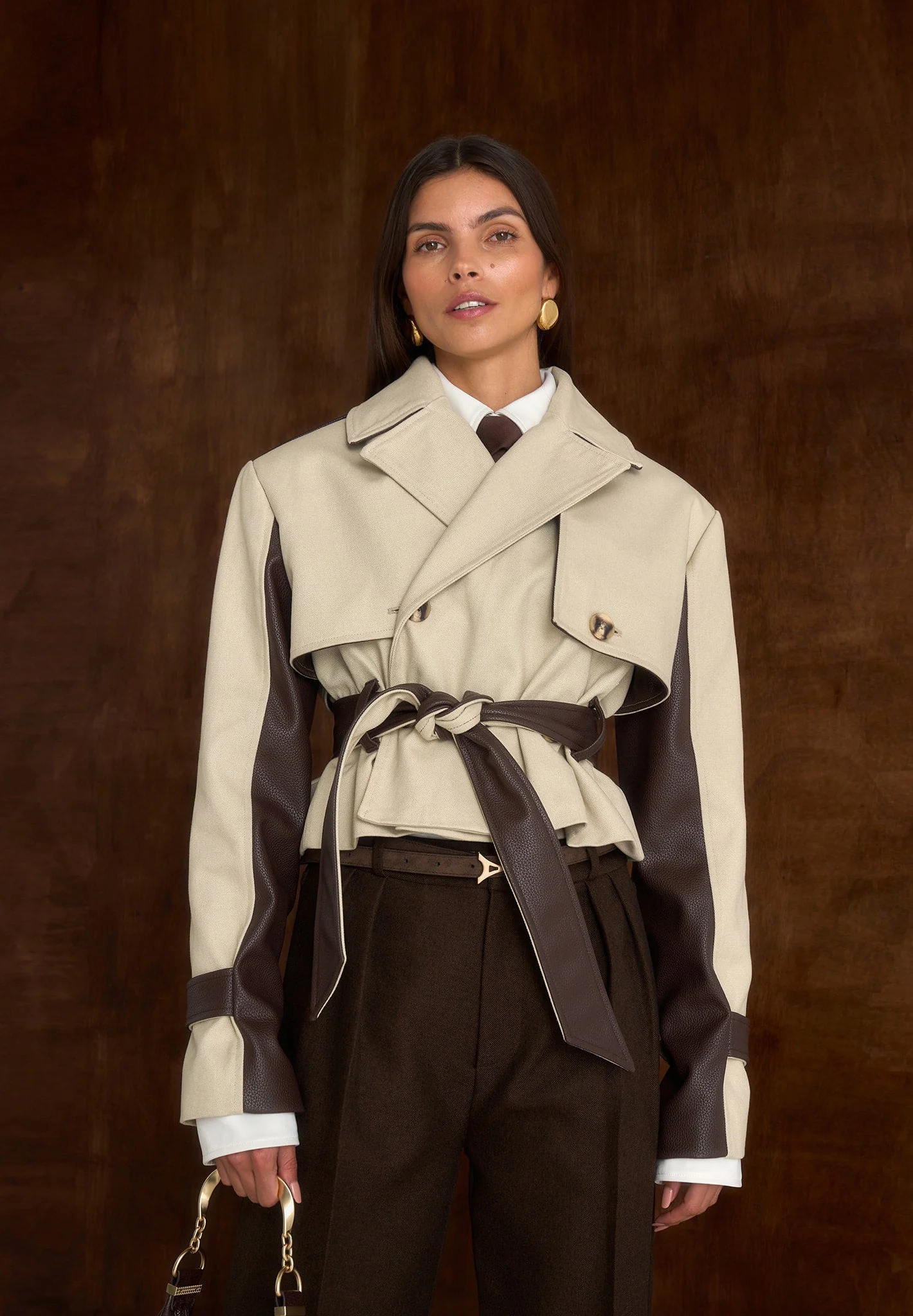Lelia - Cropped Gabardine Trench Coat With Belt - Beige/Brown - Image 3