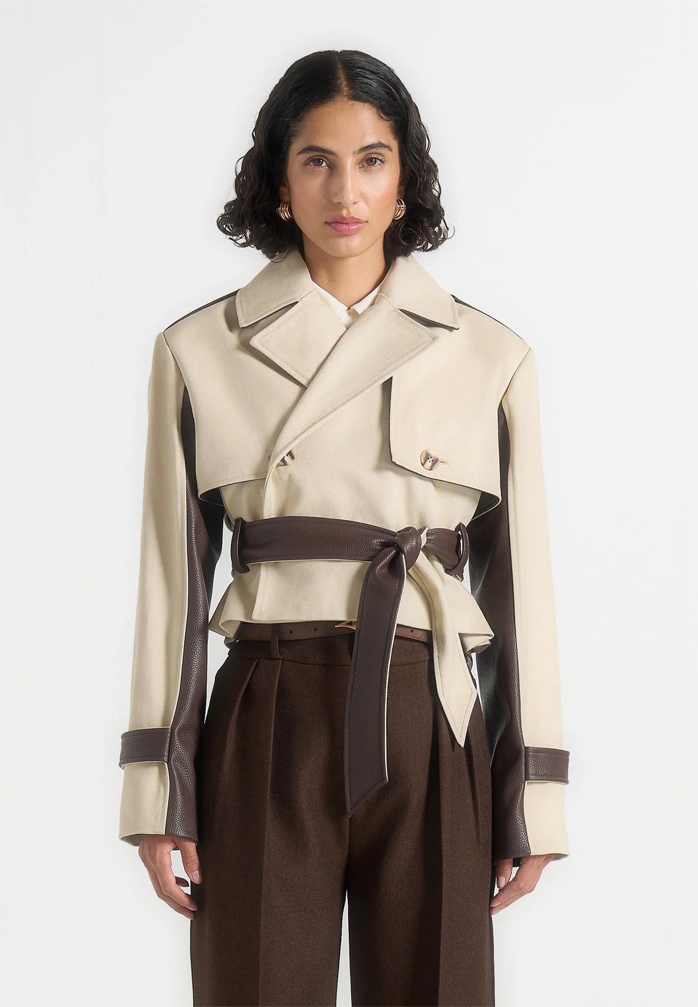 Lelia - Cropped Gabardine Trench Coat With Belt - Beige/Brown - Image 7