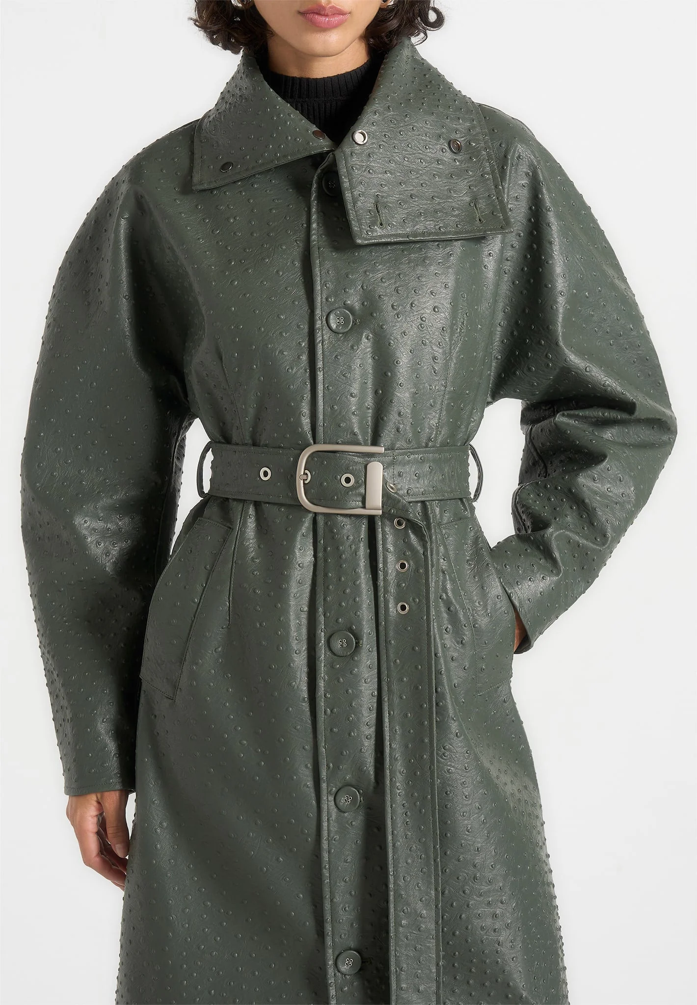 Leyna - Ostrich Hourglass Belted Coat - Olive - Image 3