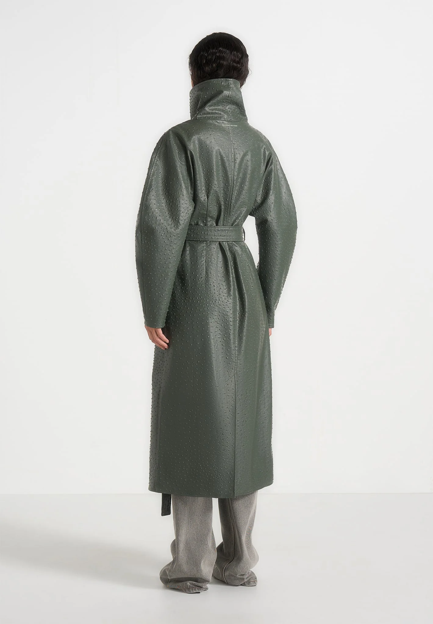 Leyna - Ostrich Hourglass Belted Coat - Olive - Image 4