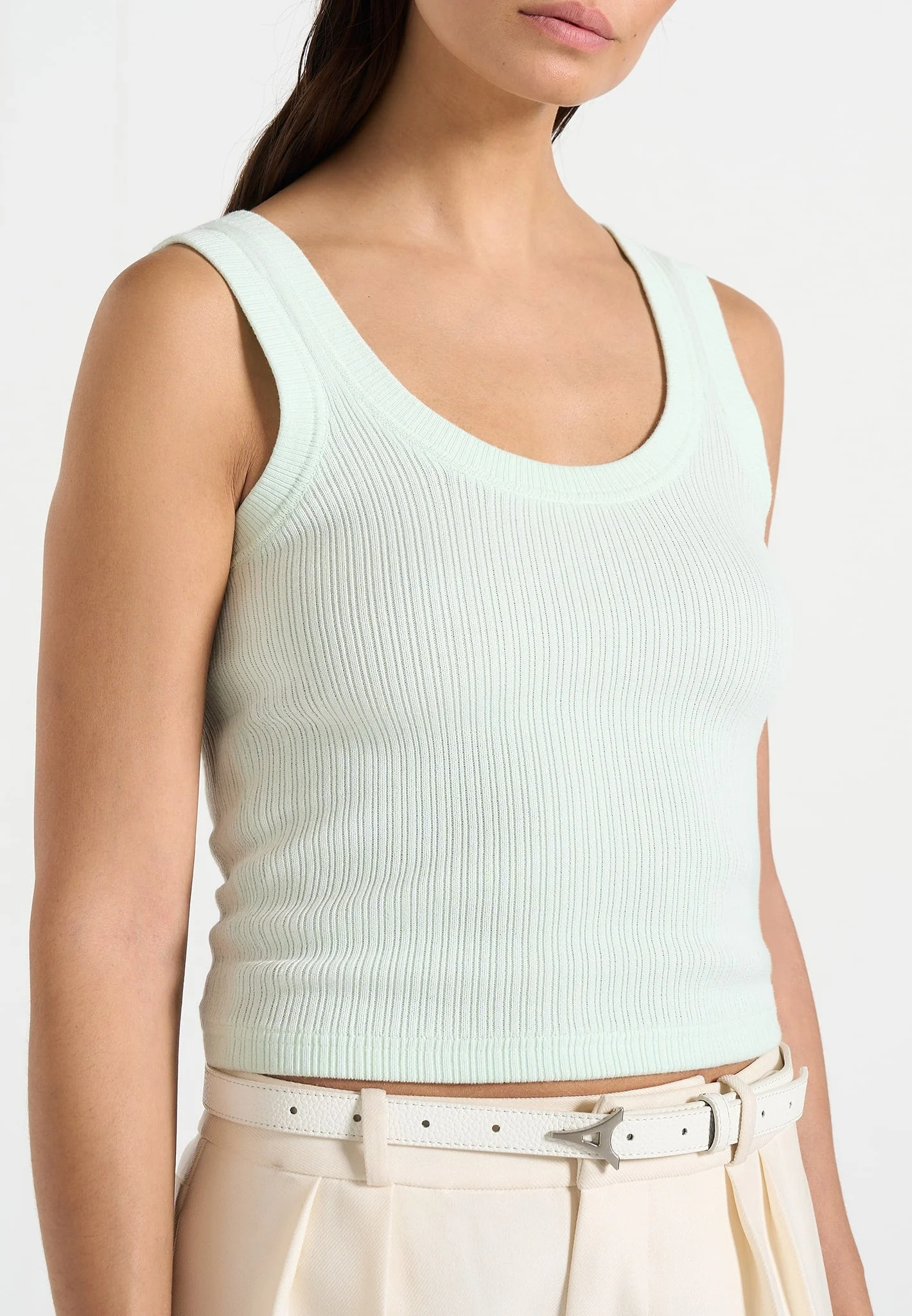 Liane - Scoop Neck Ribbed Cotton Tank Top - Mint Green - Image 3