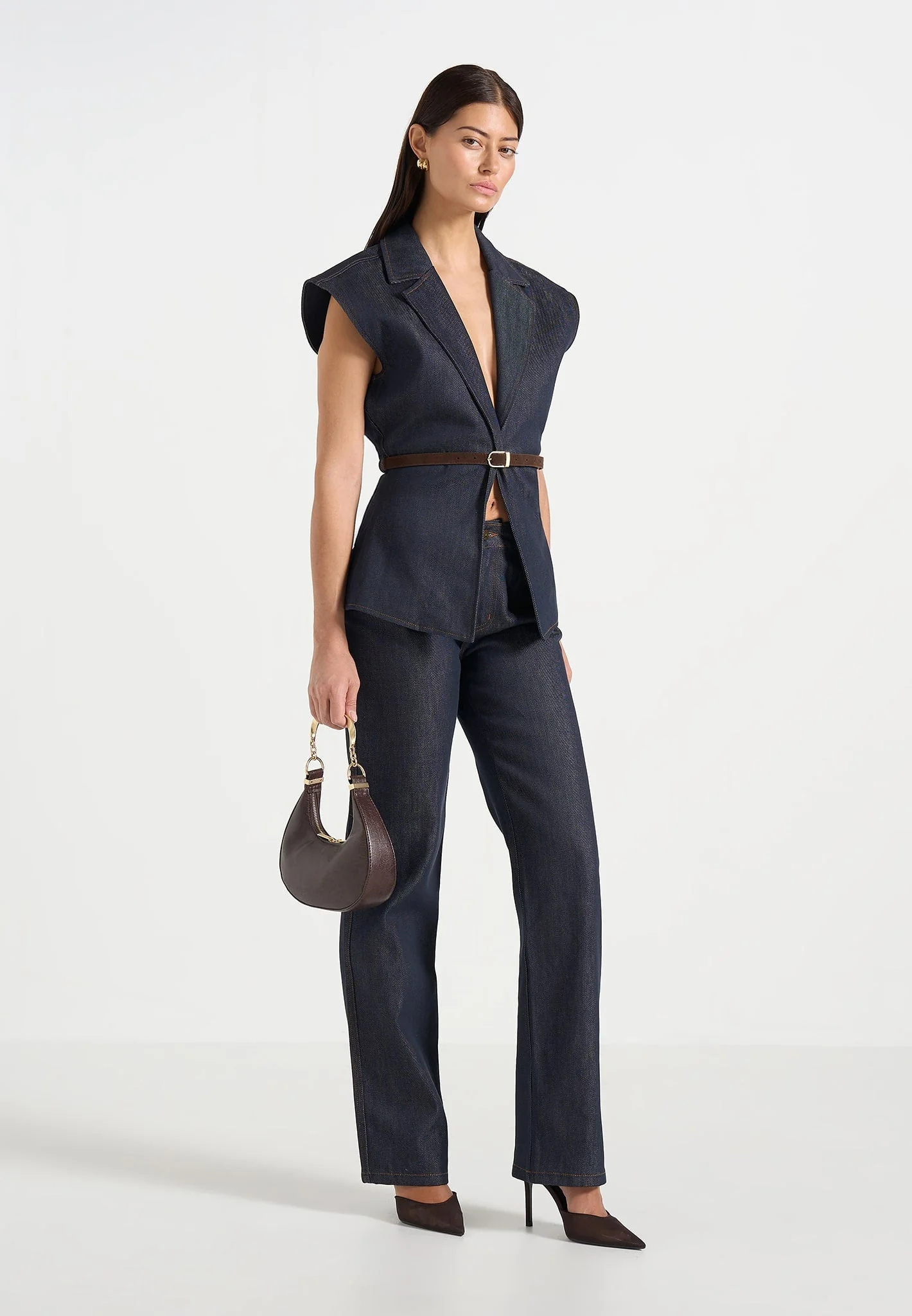 Linda - Wide Shoulder Cinched Denim Waistcoat - Indigo - Image 2