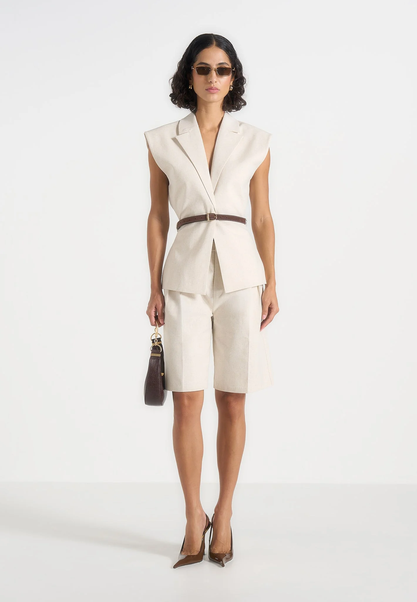 Linda - Linen Wide Shoulder Cinched Waistcoat - Natural - Image 3