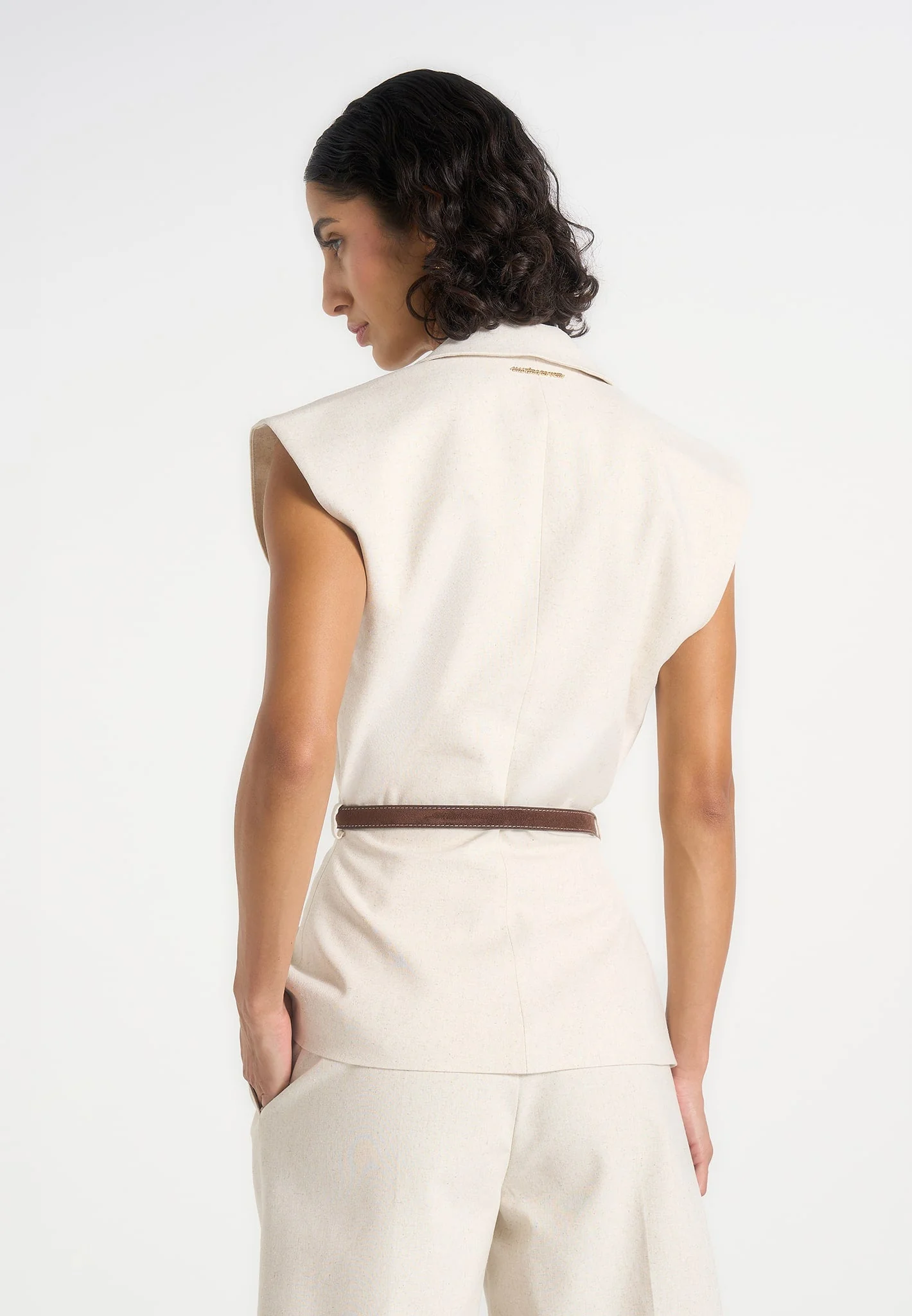 Linda - Linen Wide Shoulder Cinched Waistcoat - Natural - Image 5