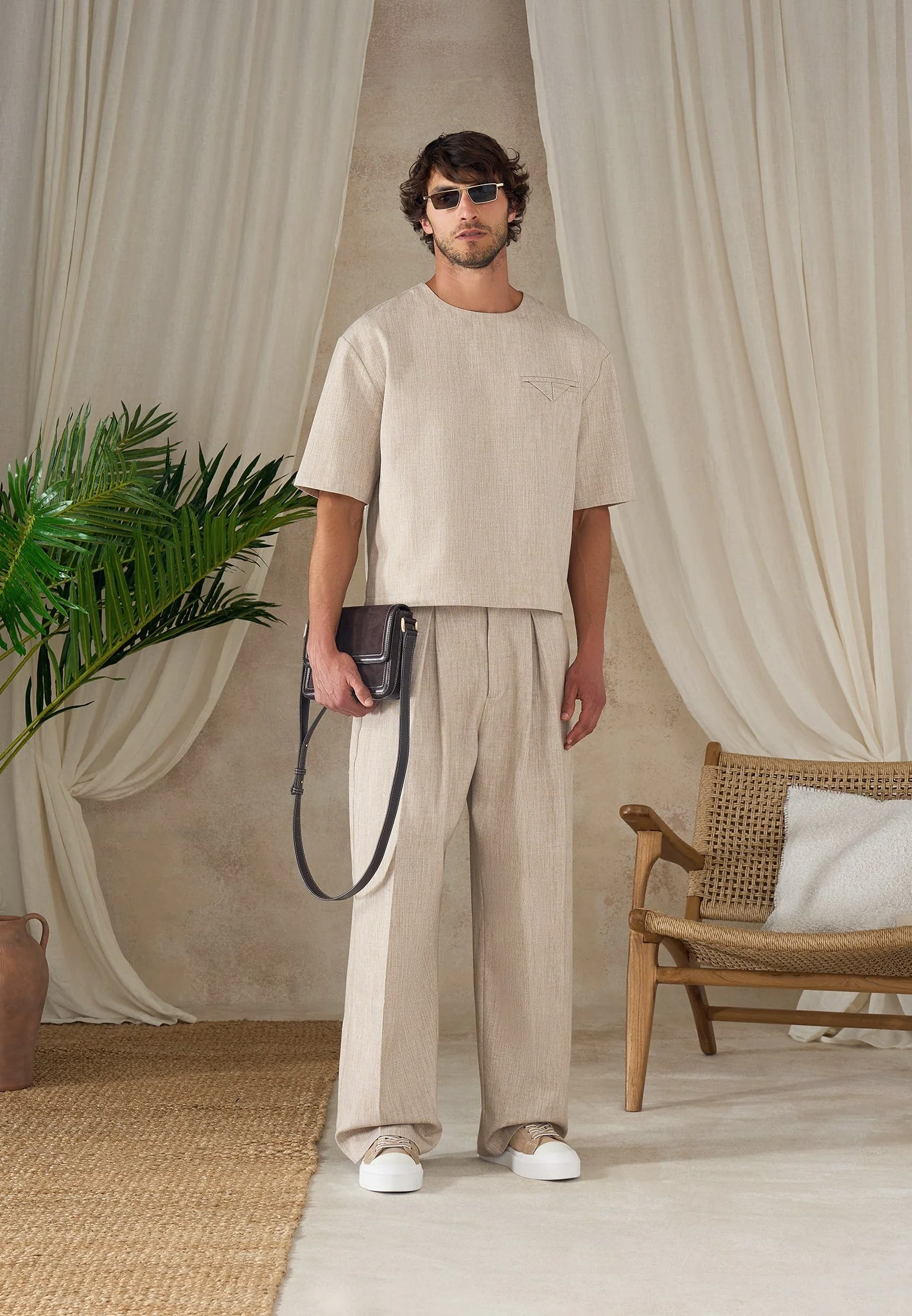 Lior - Box Pleat Wide Leg Trousers - Beige - Image 8