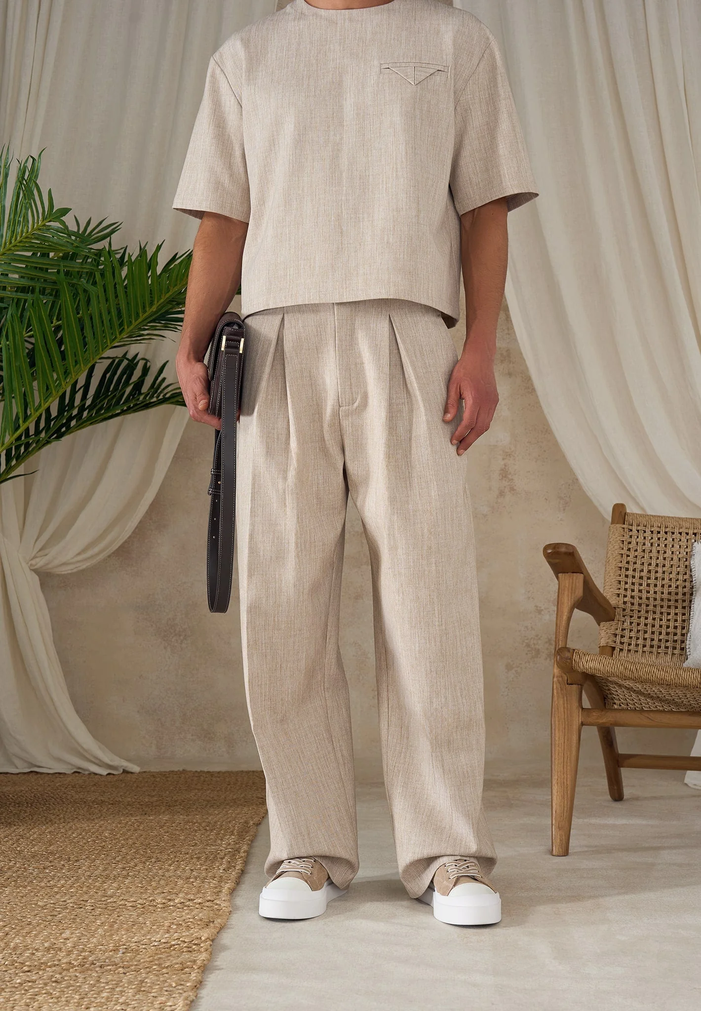 Lior - Box Pleat Wide Leg Trousers - Beige - Image 9