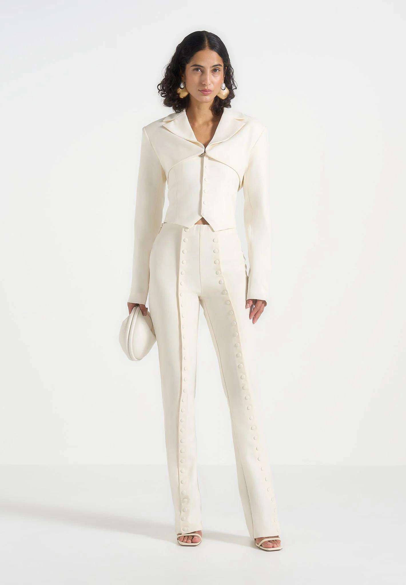 Lise - Cropped Tailored Blazer & Button Detail Bandeau - Off White - Image 3