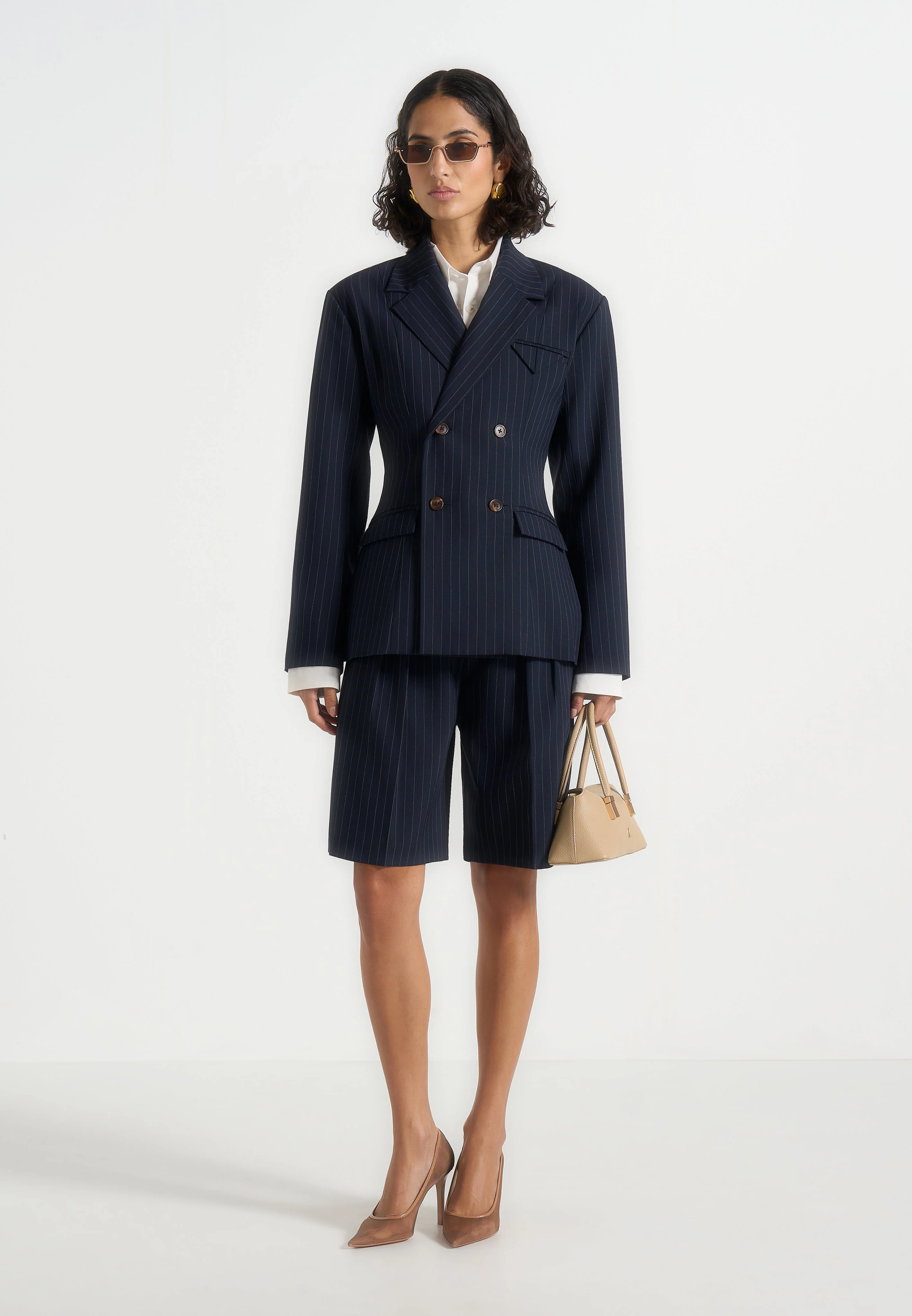 Lorette - Pinstripe Double Pleat Tailored Shorts - Navy