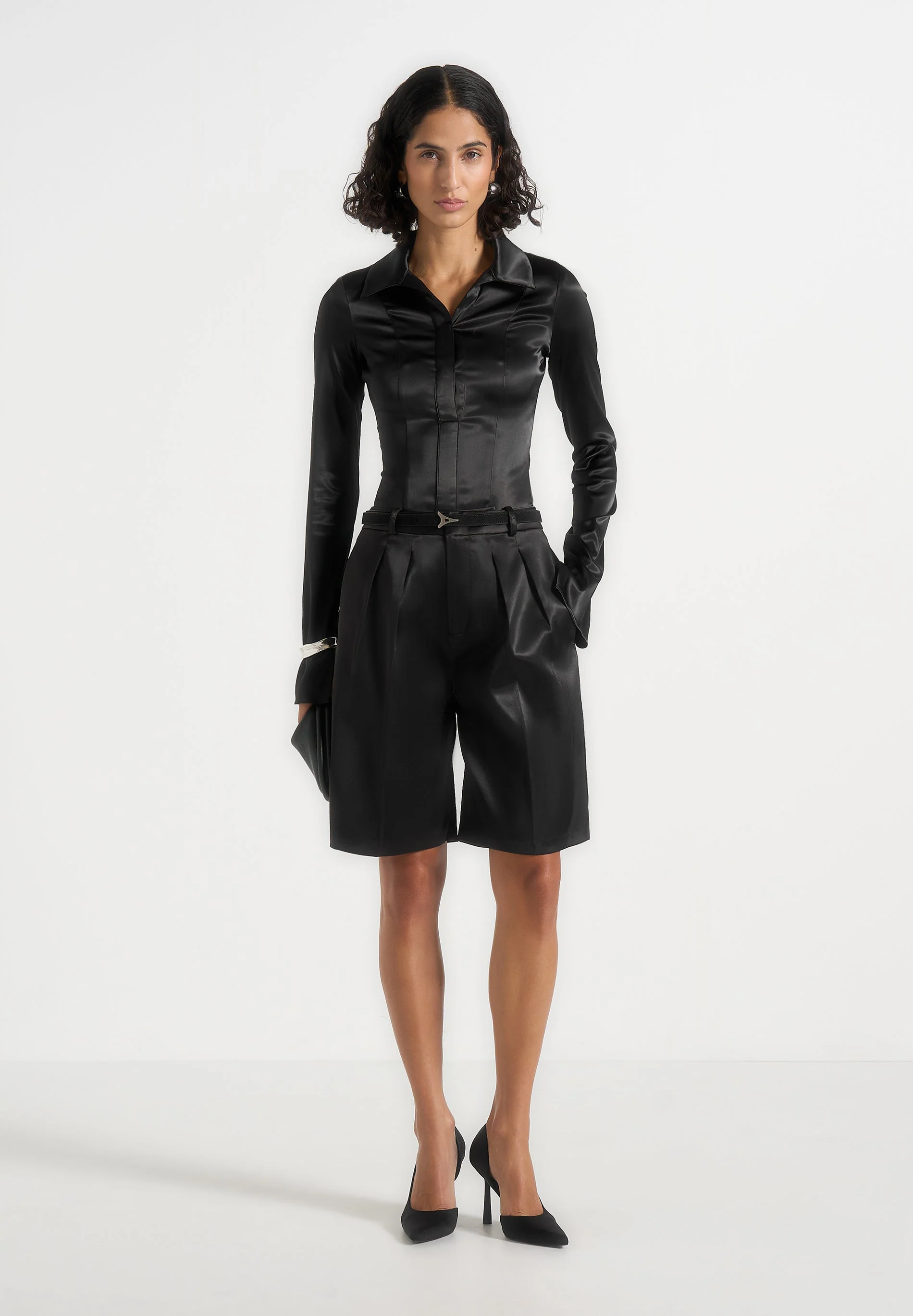 Lorette - Satin Double Pleat Shorts - Black