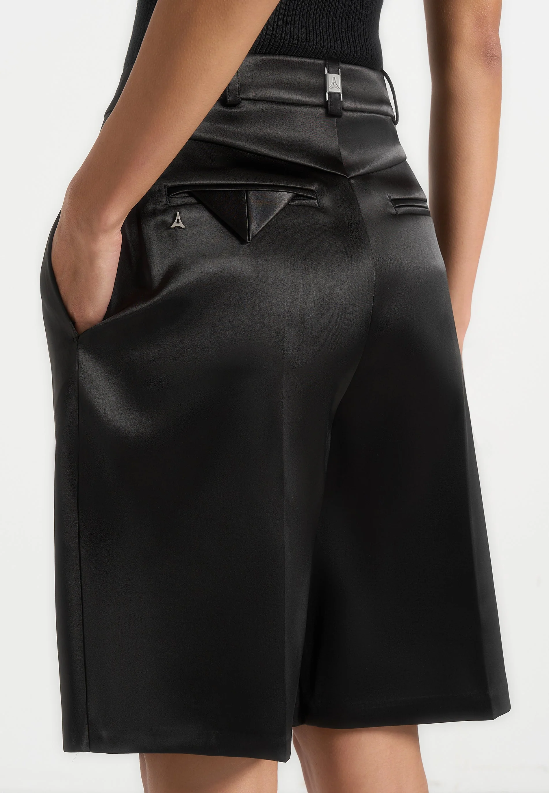 Lorette - Satin Double Pleat Shorts - Black - Image 5